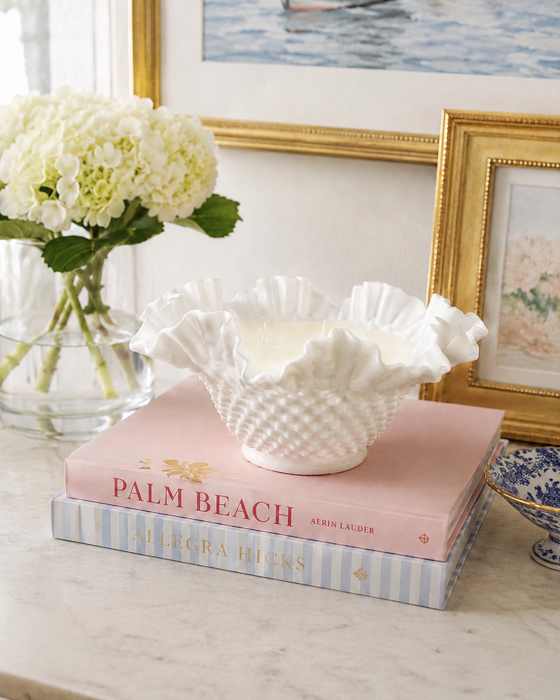 Vintage Fenton Art Glass Hobnail Milk Glass Bowl with a Ruffled Edge