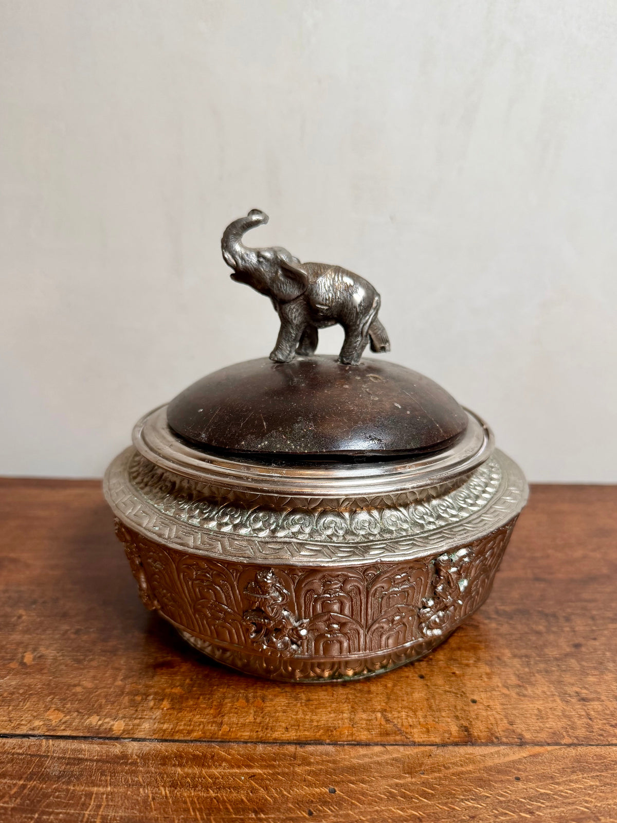 Antique Silver-Plated Lidded Bowl with Elephant Finial