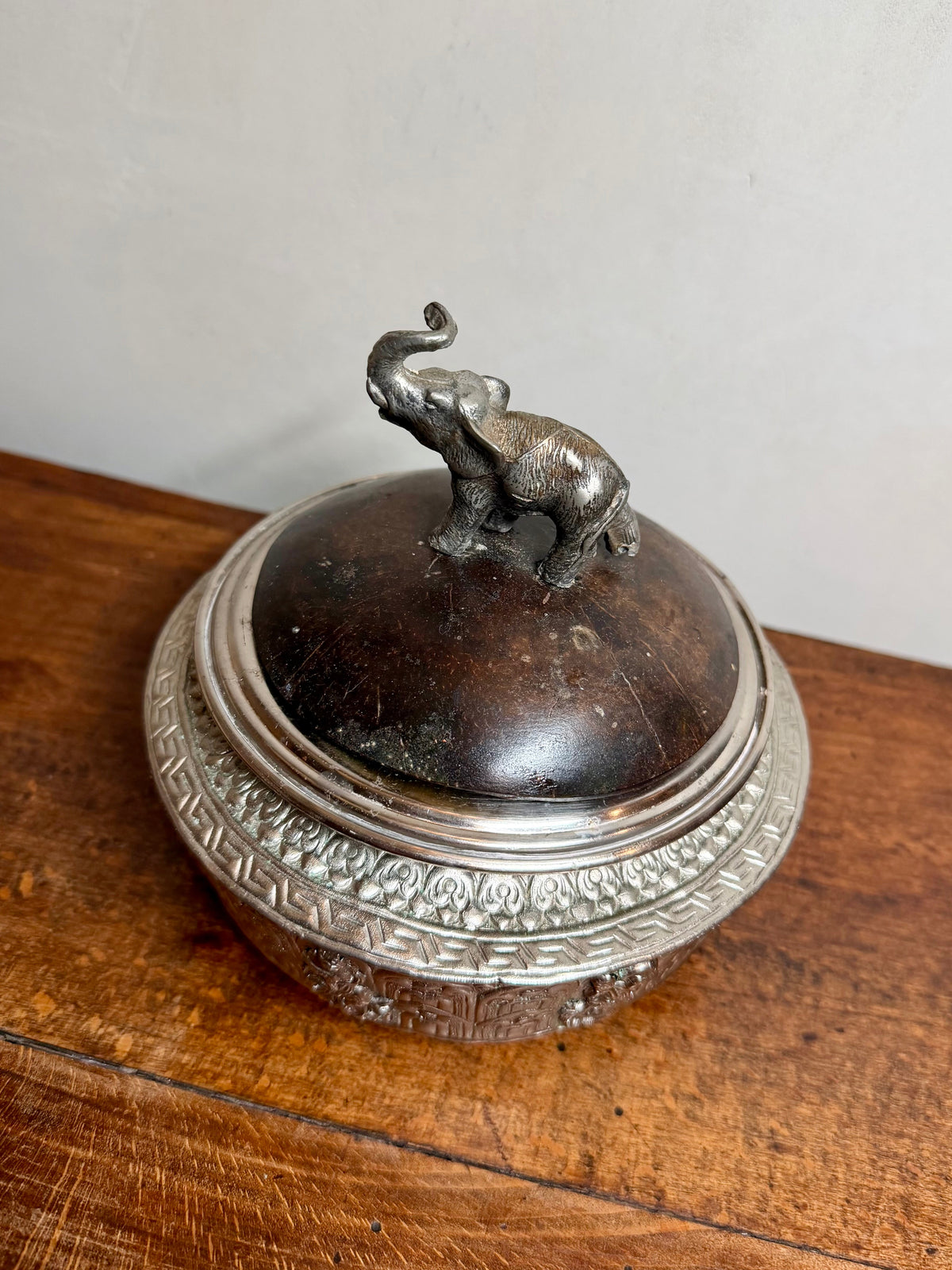 Antique Silver-Plated Lidded Bowl with Elephant Finial