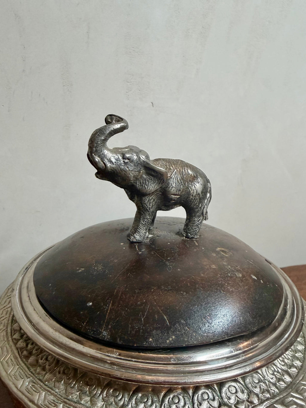 Antique Silver-Plated Lidded Bowl with Elephant Finial