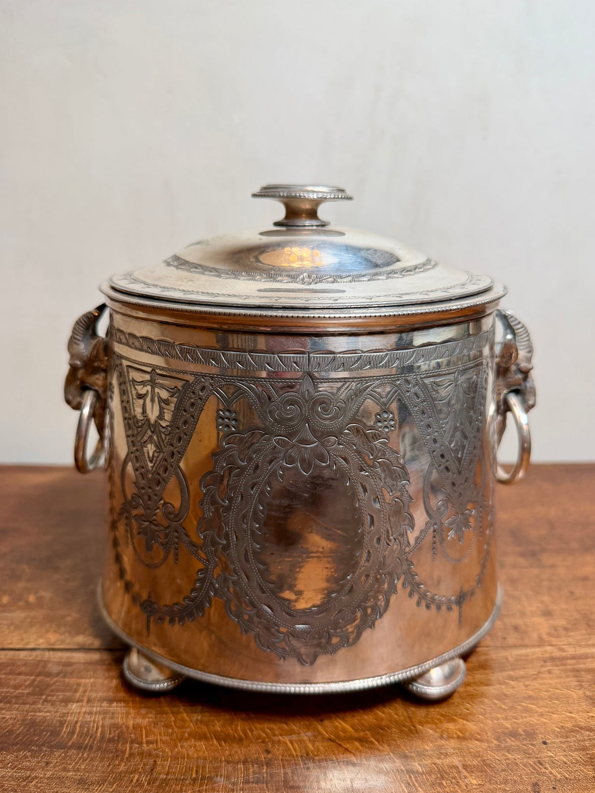 Antique Victorian Silver-Plated Biscuit Box with Ram Head Handles and Hinged Lid from the 1880s