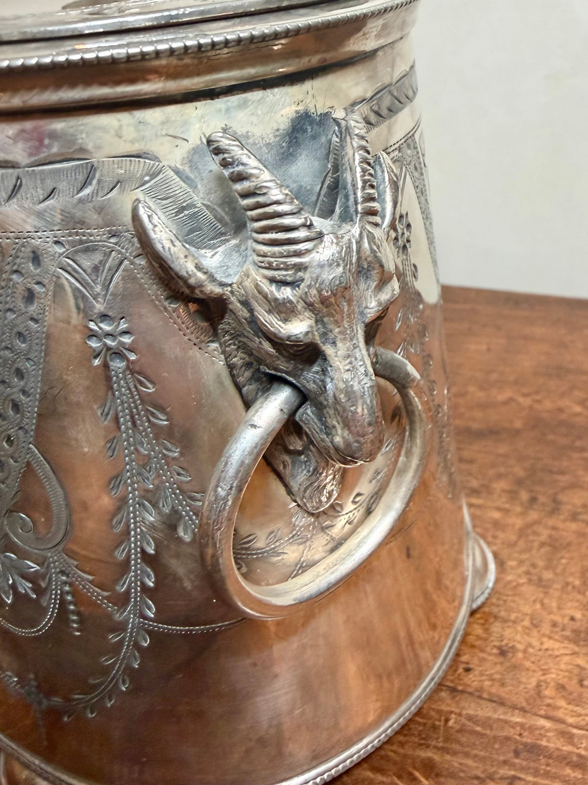 Antique Victorian Silver-Plated Biscuit Box with Ram Head Handles and Hinged Lid from the 1880s