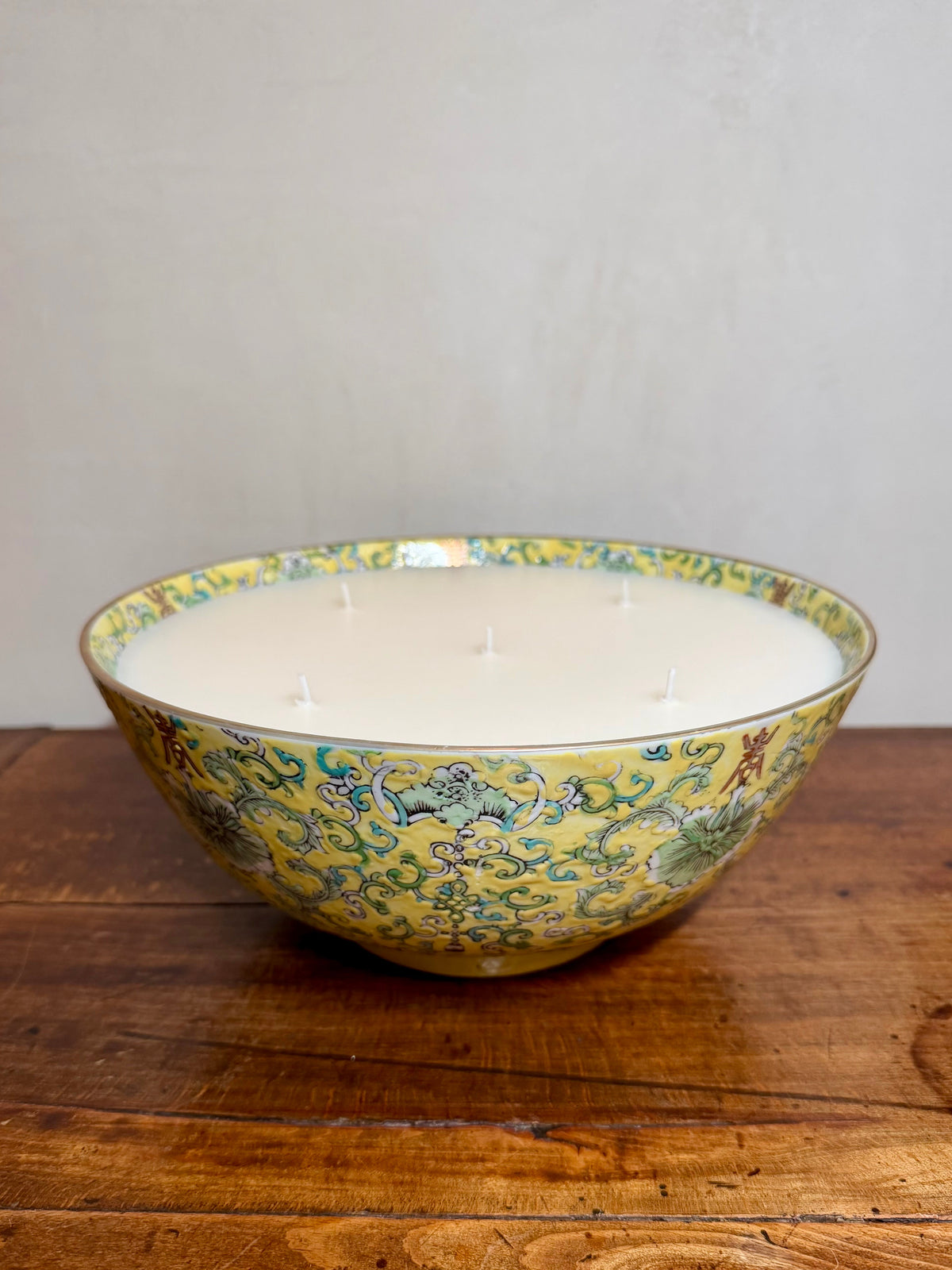 Vintage Yellow Glazed Famille Rose Large Porcelain Bowl