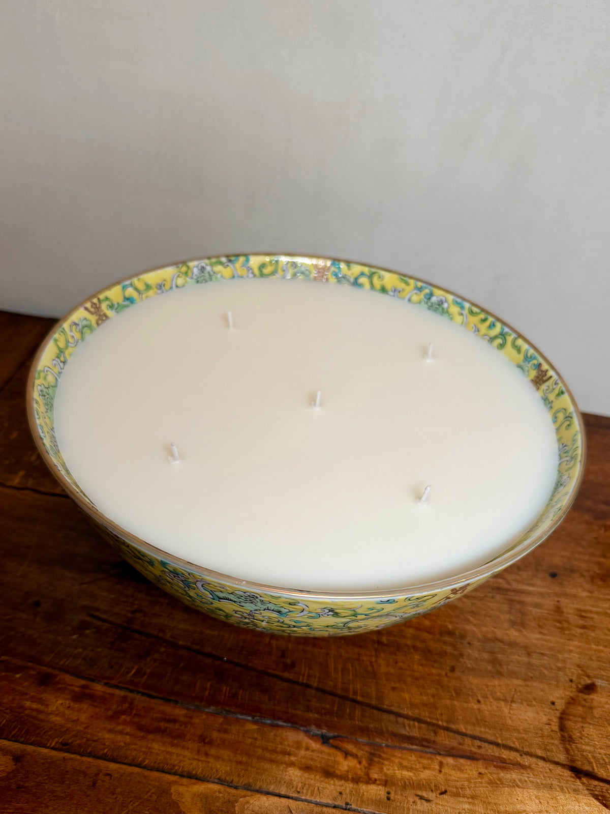 Vintage Yellow Glazed Famille Rose Large Porcelain Bowl