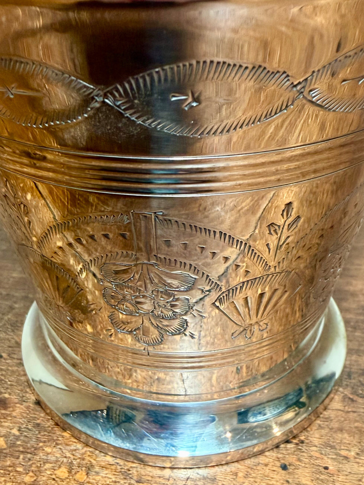 Antique Silver-Plated Ice Bucket with Hand-Chased Floral and Fan Etchings