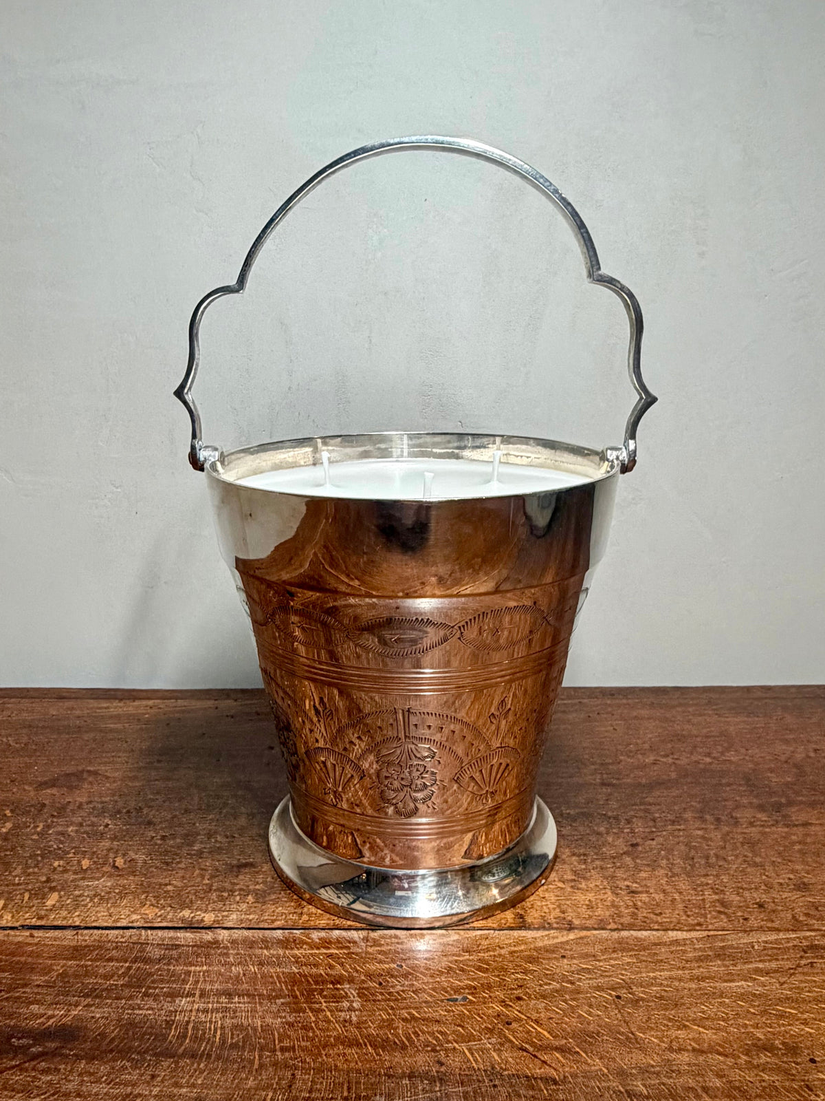 Antique Silver-Plated Ice Bucket with Hand-Chased Floral and Fan Etchings
