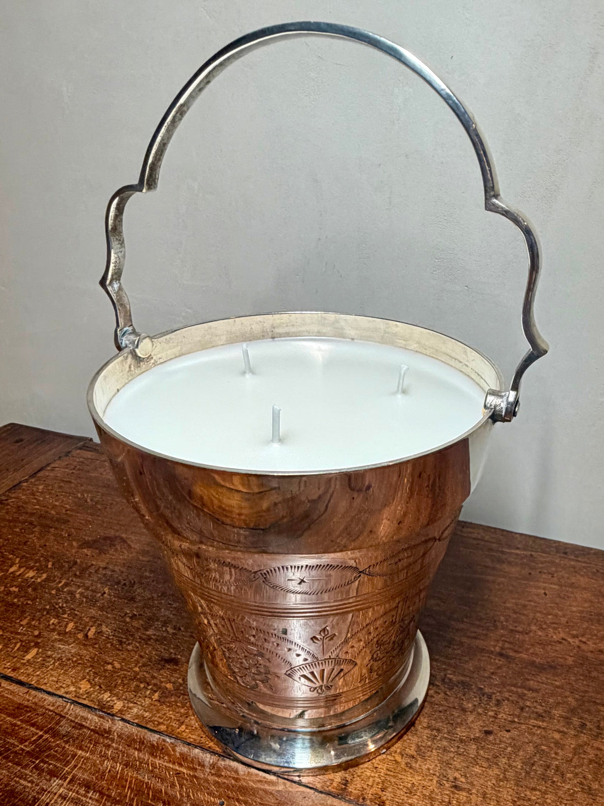Antique Silver-Plated Ice Bucket with Hand-Chased Floral and Fan Etchings