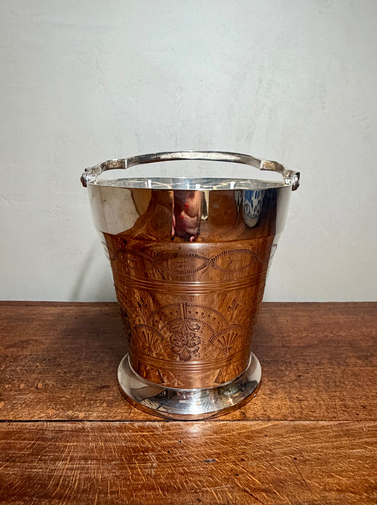 Antique Silver-Plated Ice Bucket with Hand-Chased Floral and Fan Etchings