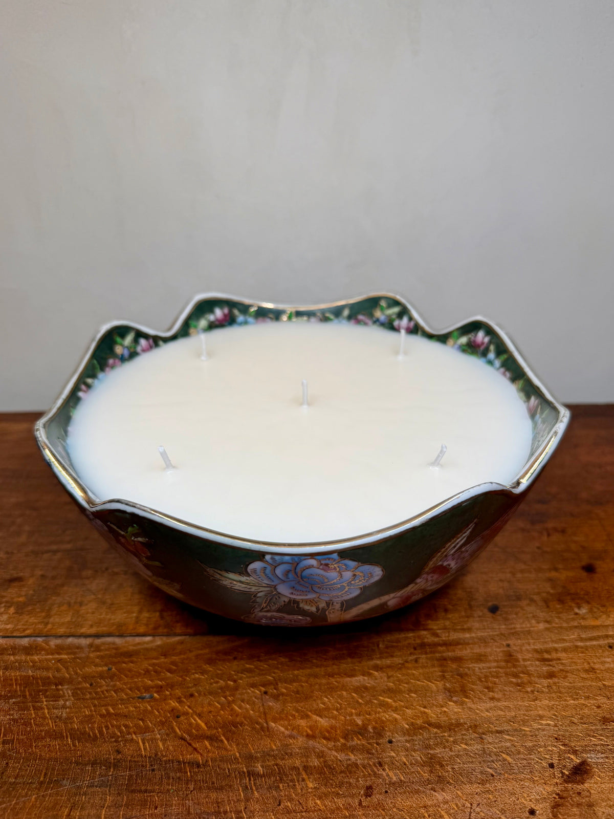 Vintage Chinese Hand-Painted Green Porcelain Bowl with Floral and Bird Motif