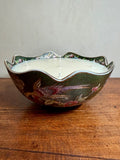 Vintage Chinese Hand-Painted Green Porcelain Bowl with Floral and Bird Motif