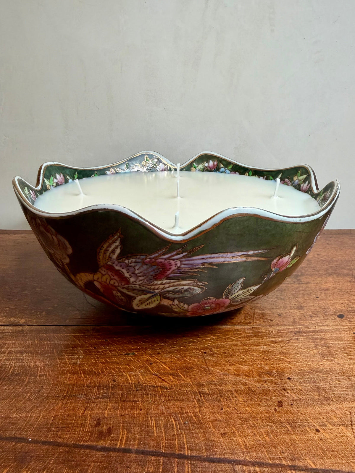 Vintage Chinese Hand-Painted Green Porcelain Bowl with Floral and Bird Motif
