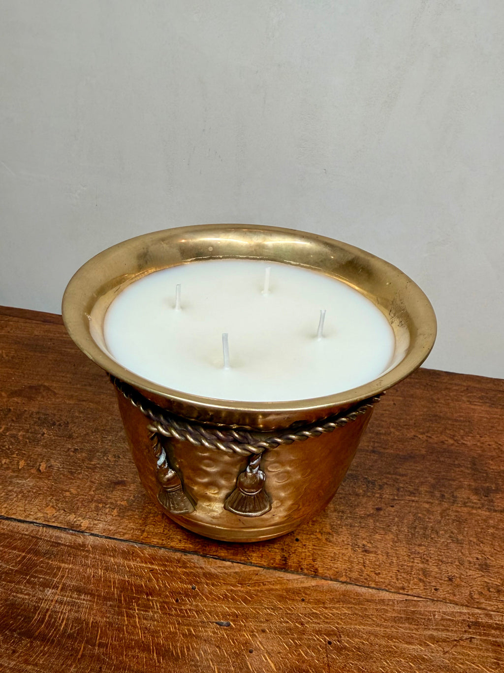 Vintage Hammered Brass Jardiniere with Tassle Detail