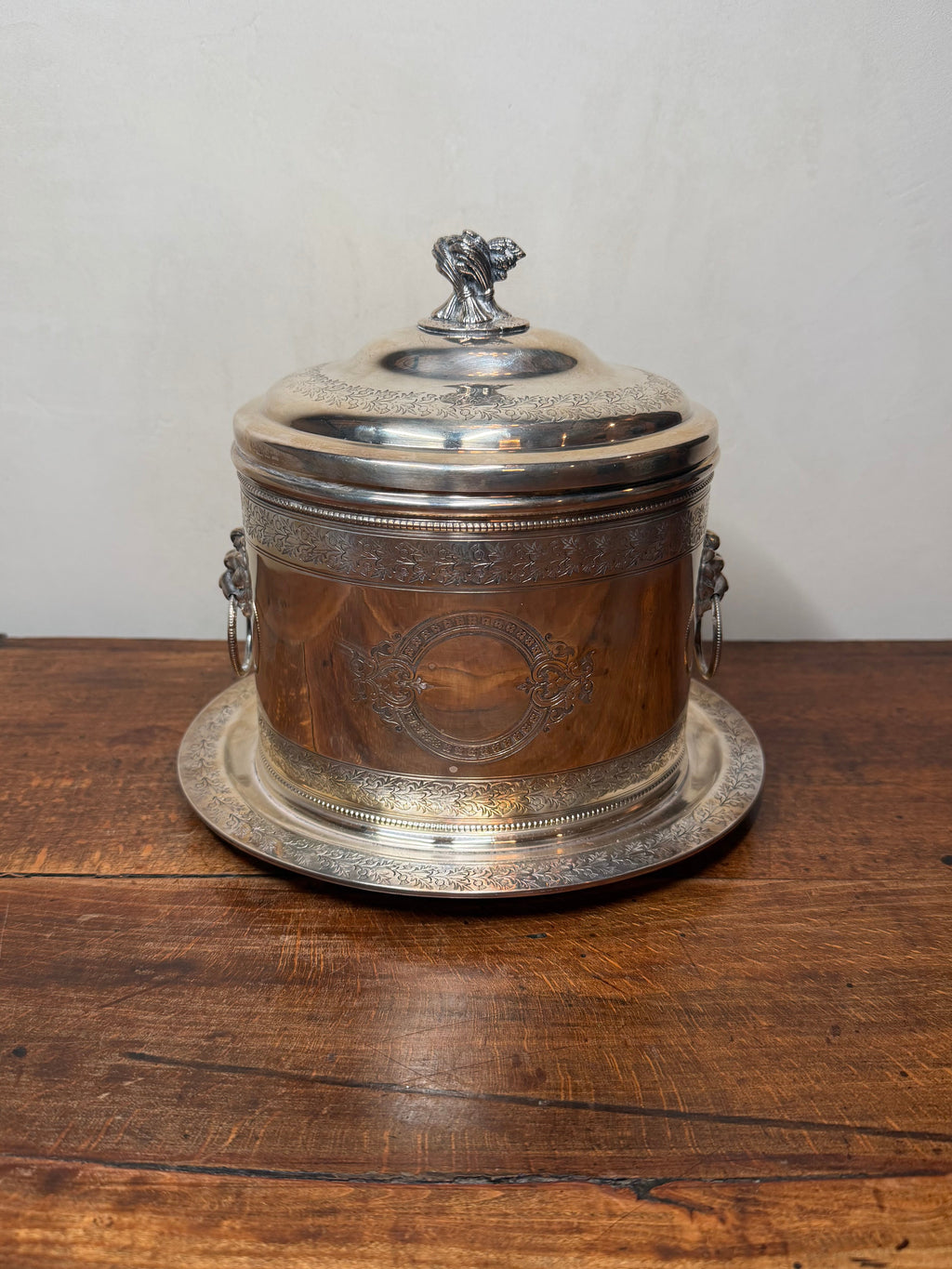 Antique Silver-Plated Biscuit Barrel with Hinged Lid,  Lion Mounted Handles and Wheat Finial
