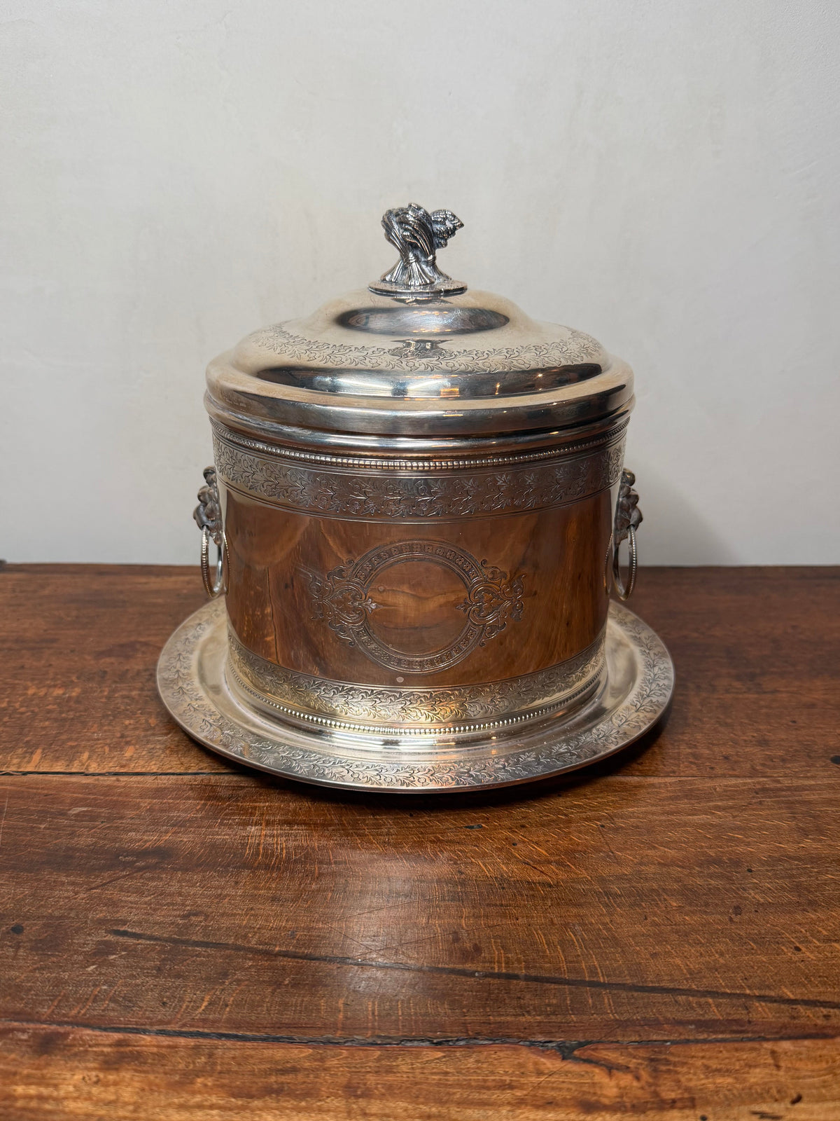 Antique Silver-Plated Biscuit Barrel with Hinged Lid,  Lion Mounted Handles and Wheat Finial