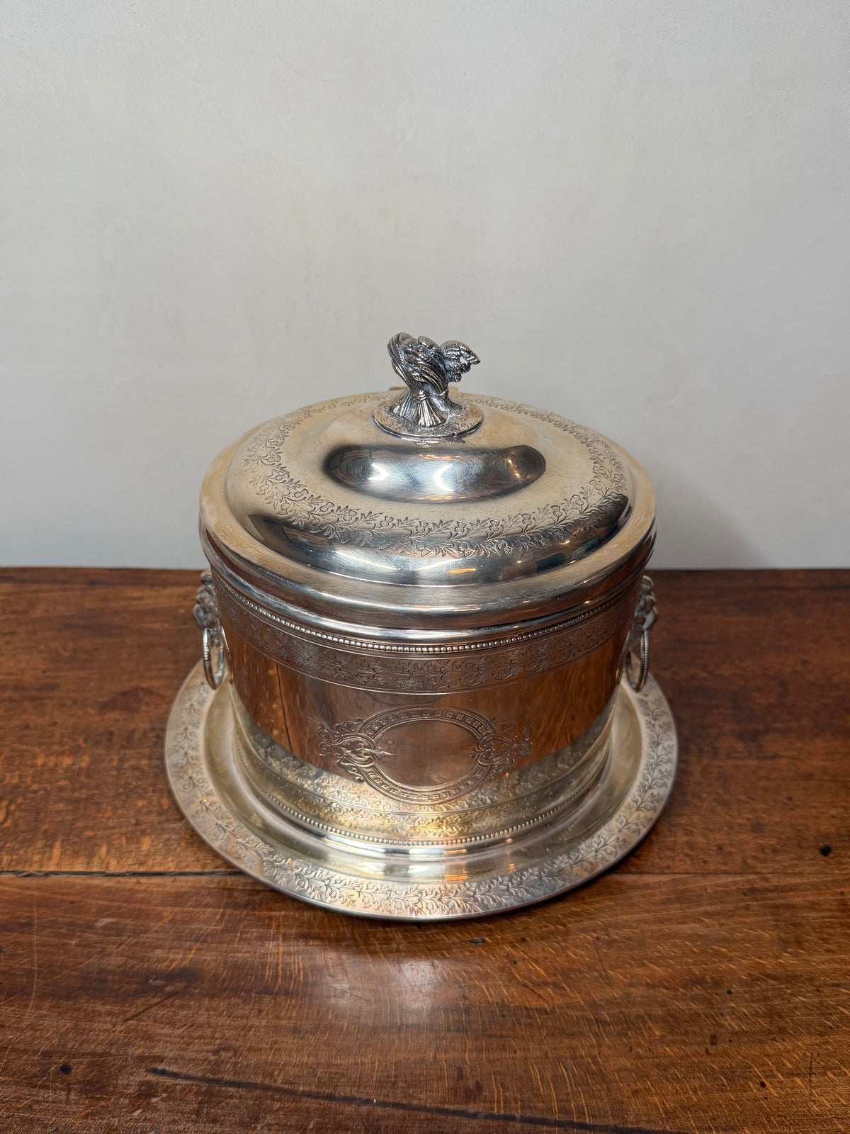 Antique Silver-Plated Biscuit Barrel with Hinged Lid,  Lion Mounted Handles and Wheat Finial