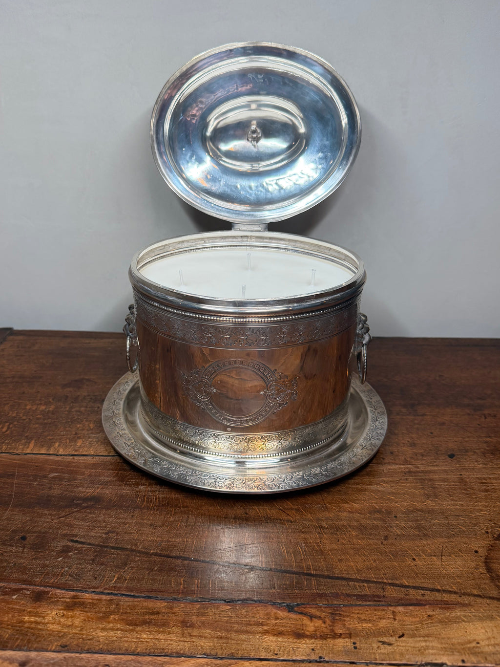 Antique Silver-Plated Biscuit Barrel with Hinged Lid,  Lion Mounted Handles and Wheat Finial