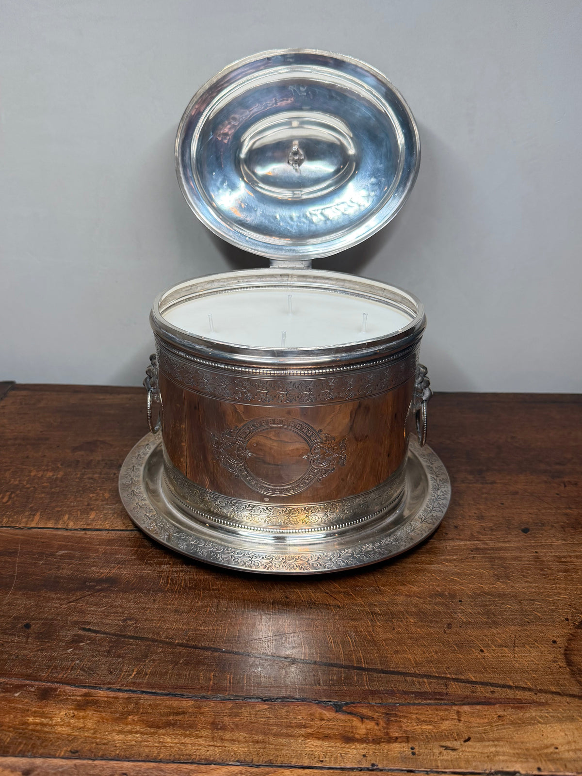 Antique Silver-Plated Biscuit Barrel with Hinged Lid,  Lion Mounted Handles and Wheat Finial