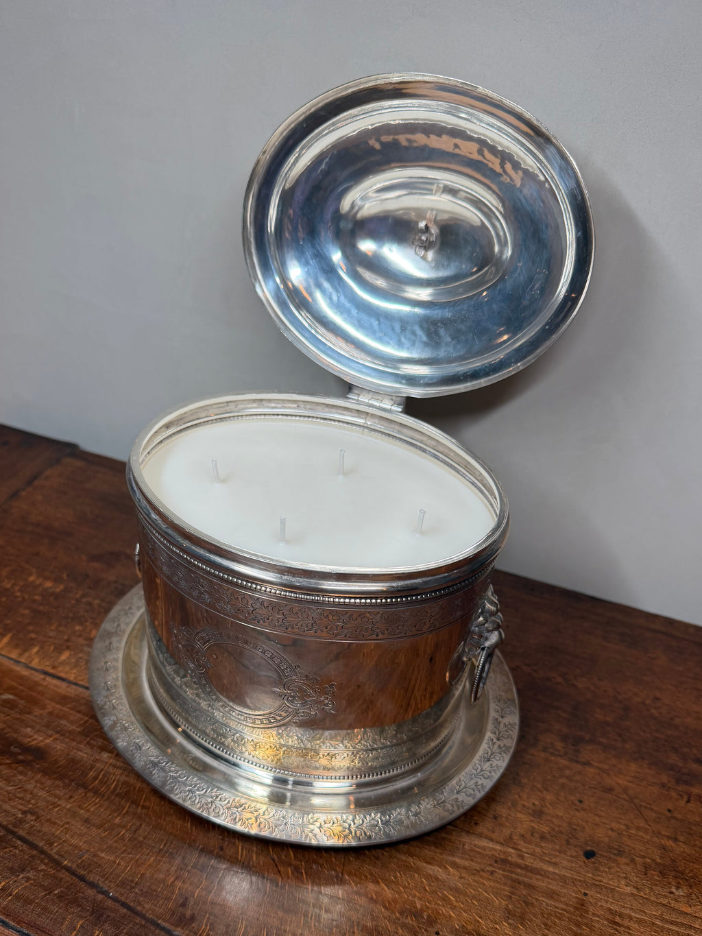 Antique Silver-Plated Biscuit Barrel with Hinged Lid,  Lion Mounted Handles and Wheat Finial