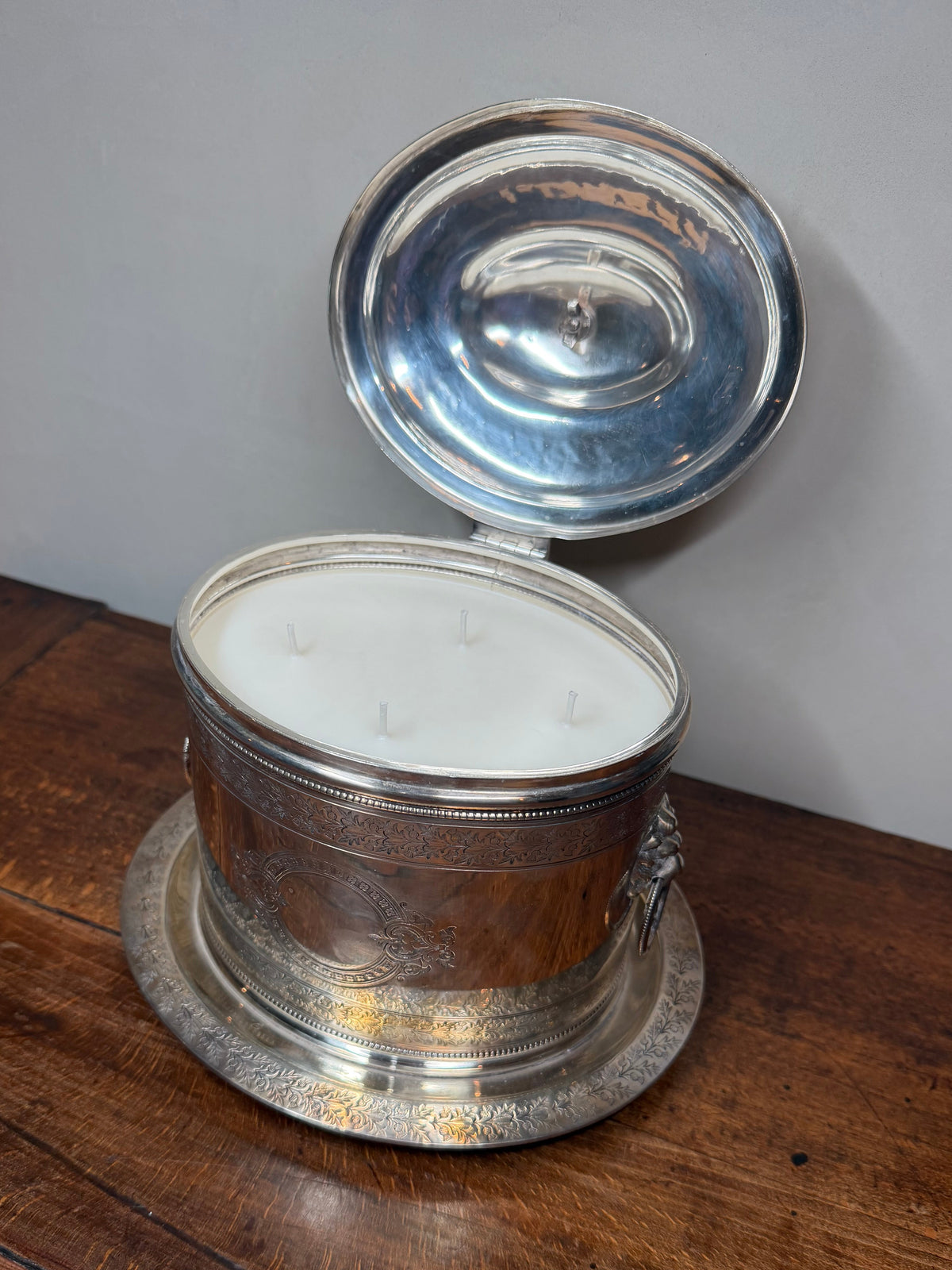 Antique Silver-Plated Biscuit Barrel with Hinged Lid,  Lion Mounted Handles and Wheat Finial