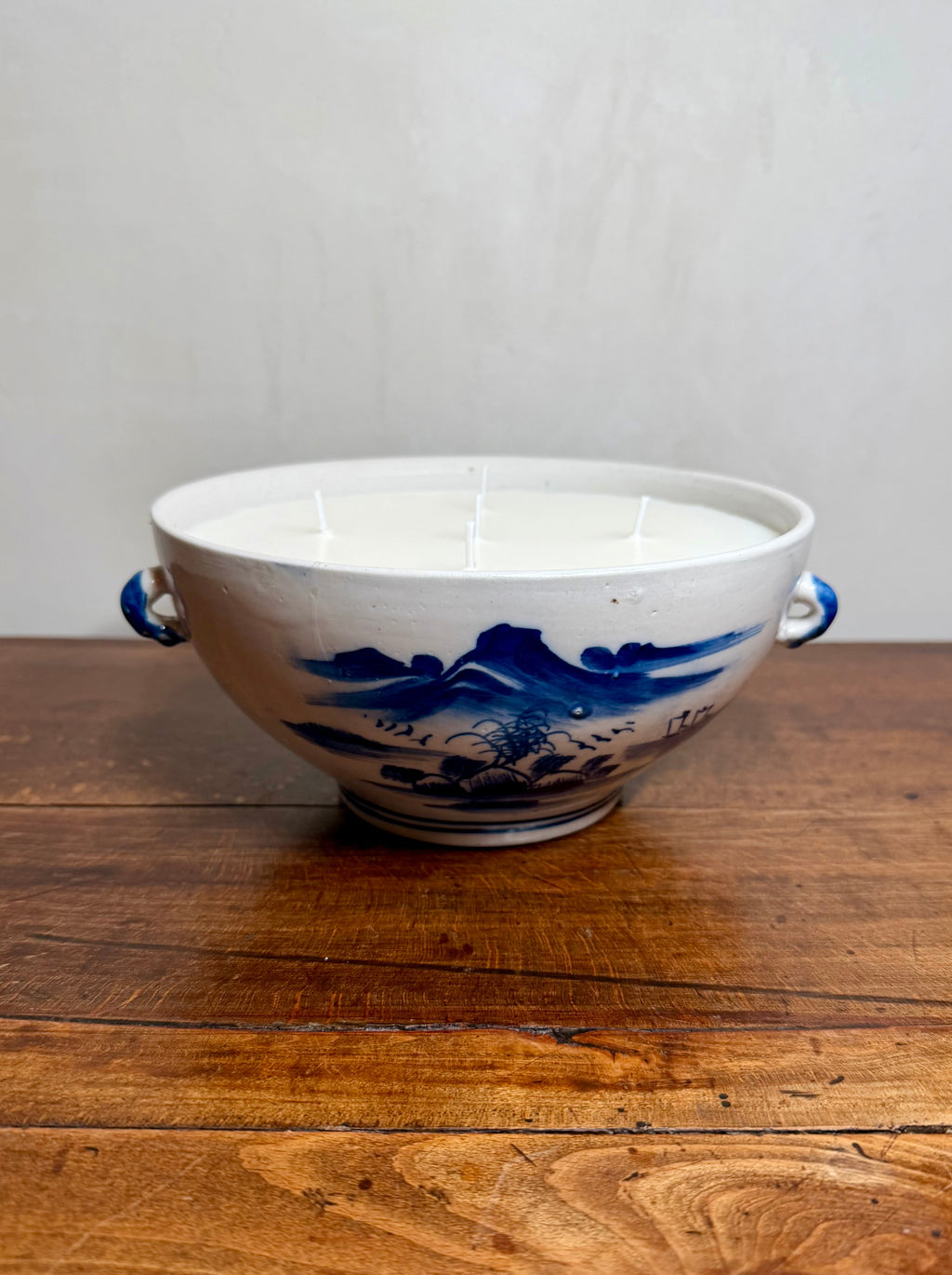 Vintage Blue and White Porcelain Lidded Tureen with a Hand-Painted Chinoiserie River and Mountain Landscape