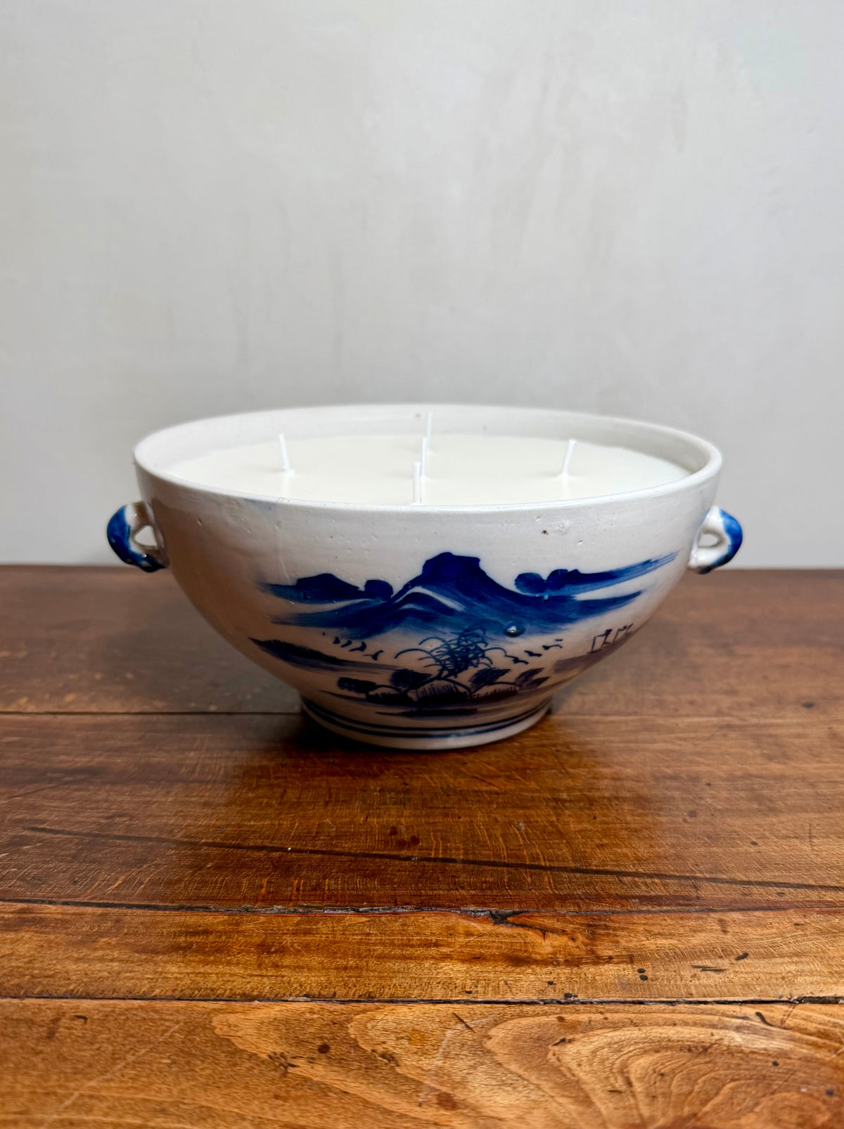 Vintage Blue and White Porcelain Lidded Tureen with a Hand-Painted Chinoiserie River and Mountain Landscape