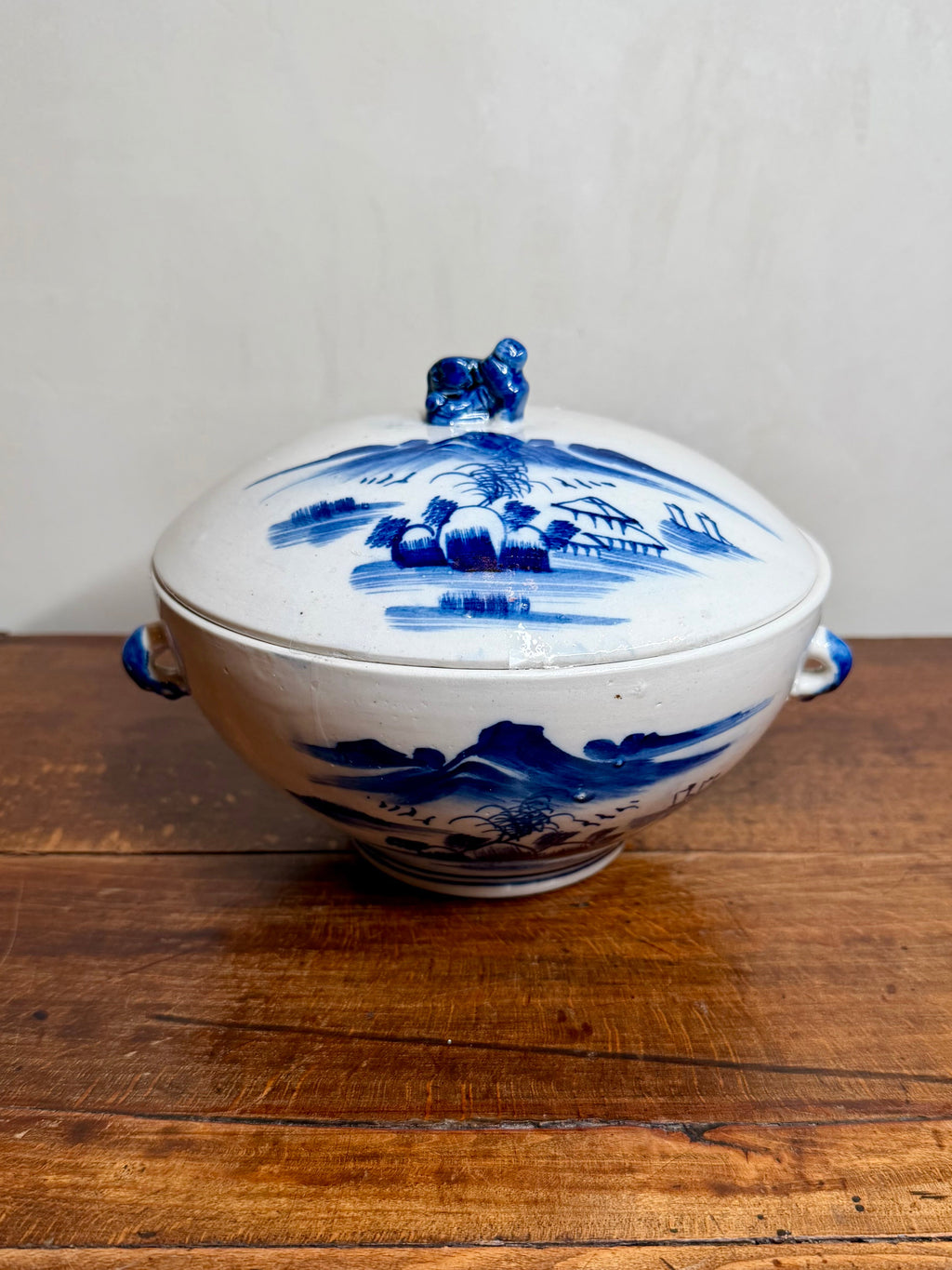 Vintage Blue and White Porcelain Lidded Tureen with a Hand-Painted Chinoiserie River and Mountain Landscape
