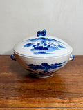 Vintage Blue and White Porcelain Lidded Tureen with a Hand-Painted Chinoiserie River and Mountain Landscape