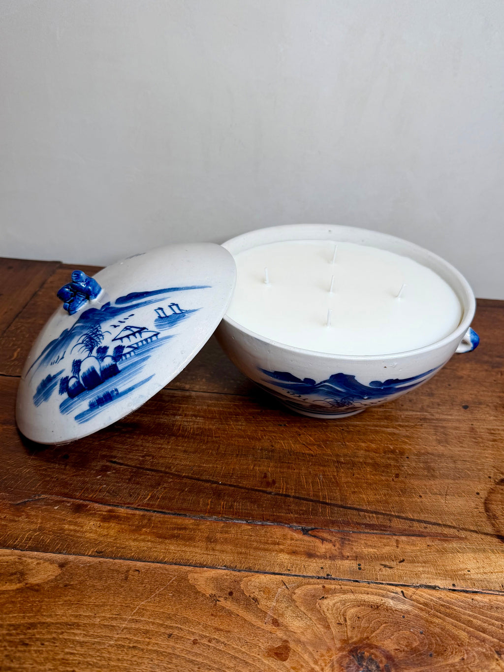 Vintage Blue and White Porcelain Lidded Tureen with a Hand-Painted Chinoiserie River and Mountain Landscape