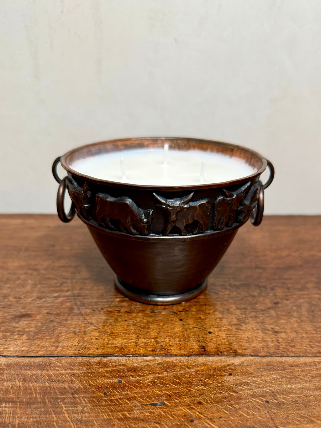 Vintage Szecsi Hammered Copper Bowl with Raised Longhorn Detail and Ring Handles