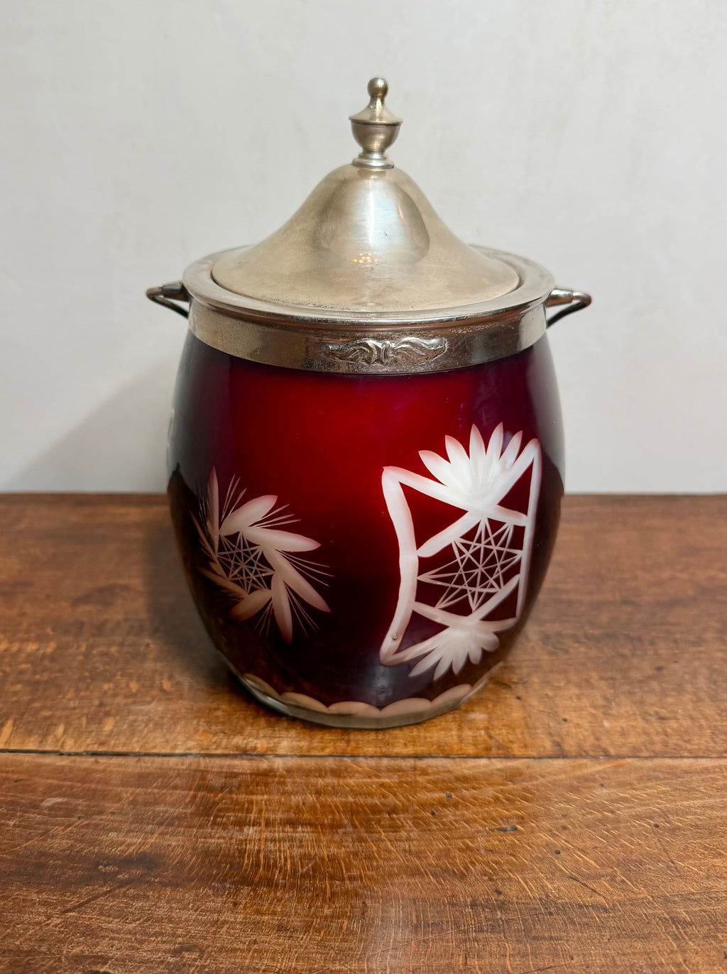 Antique Ruby Red Cut to Clear Glass Biscuit Barrel with Silver-plated Lid and Swing Handle