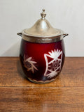 Antique Ruby Red Cut to Clear Glass Biscuit Barrel with Silver-plated Lid and Swing Handle