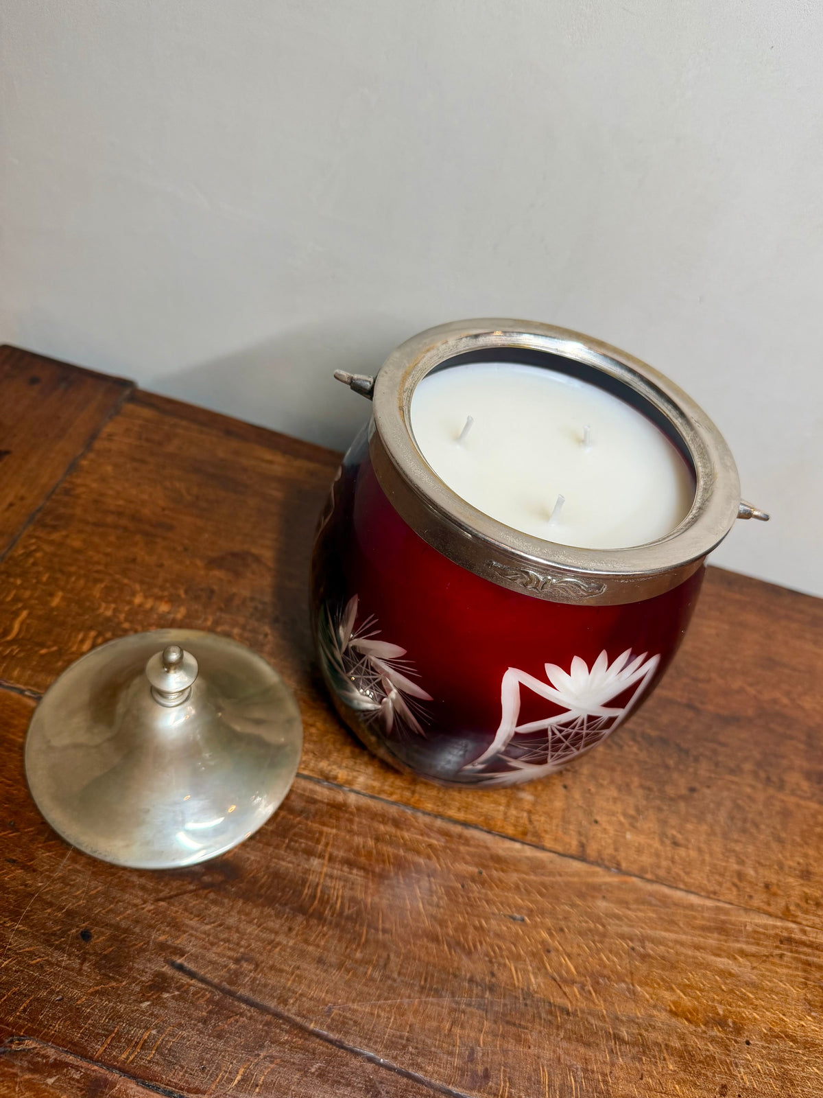 Antique Ruby Red Cut to Clear Glass Biscuit Barrel with Silver-plated Lid and Swing Handle