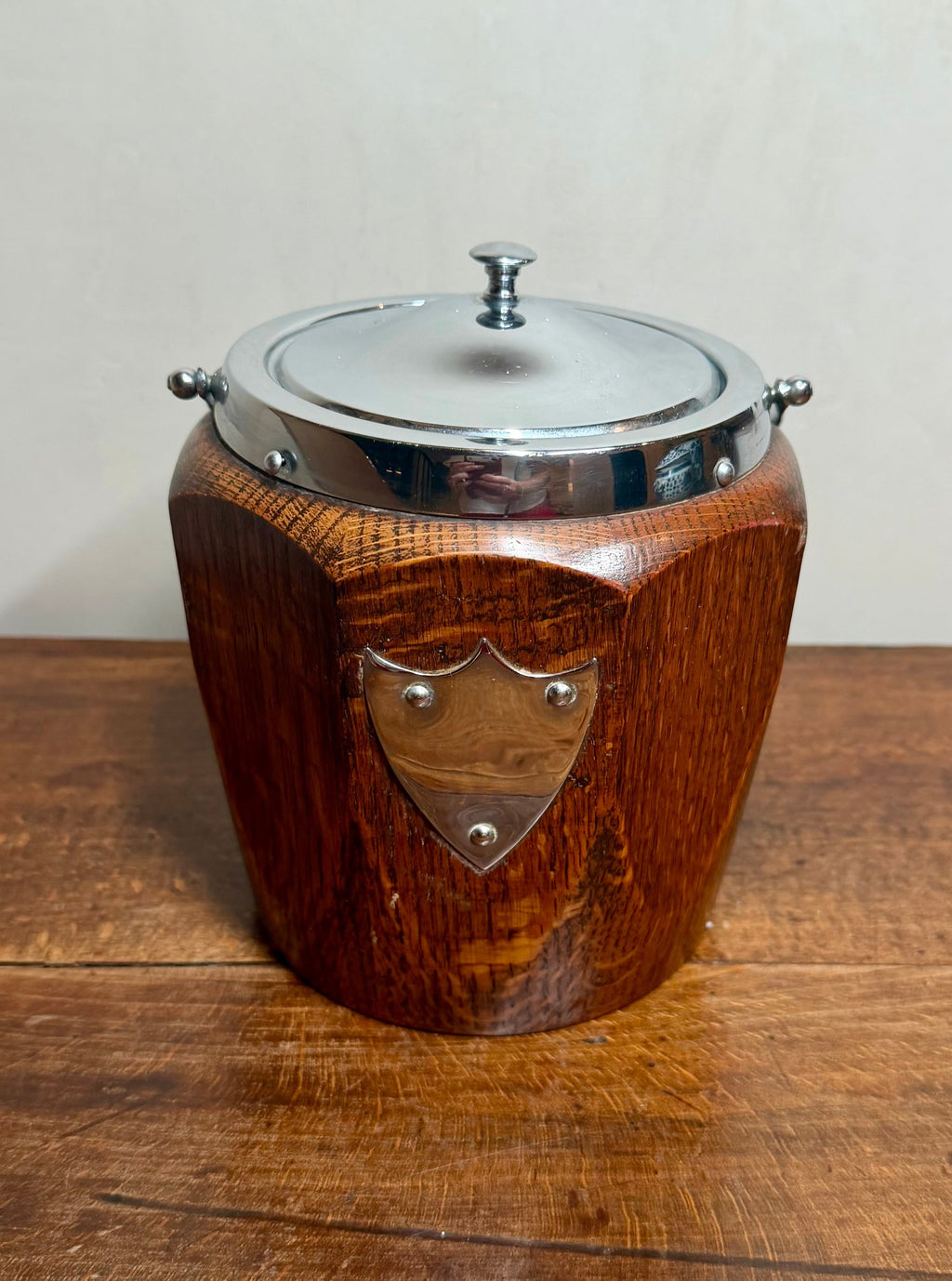 Antique English Oak Biscuit Barrel Porcelain Lined circa 1930