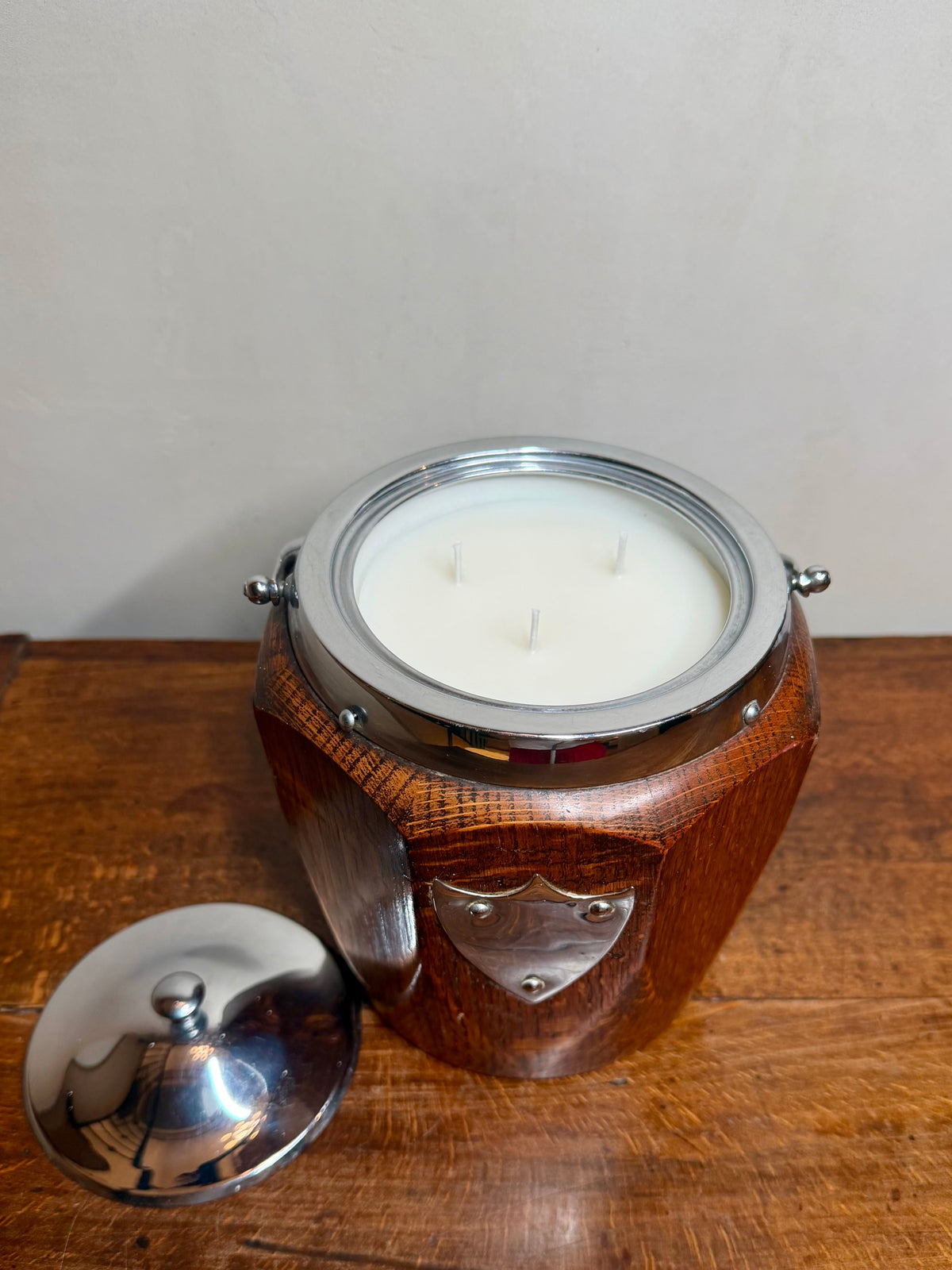 Antique English Oak Biscuit Barrel Porcelain Lined circa 1930