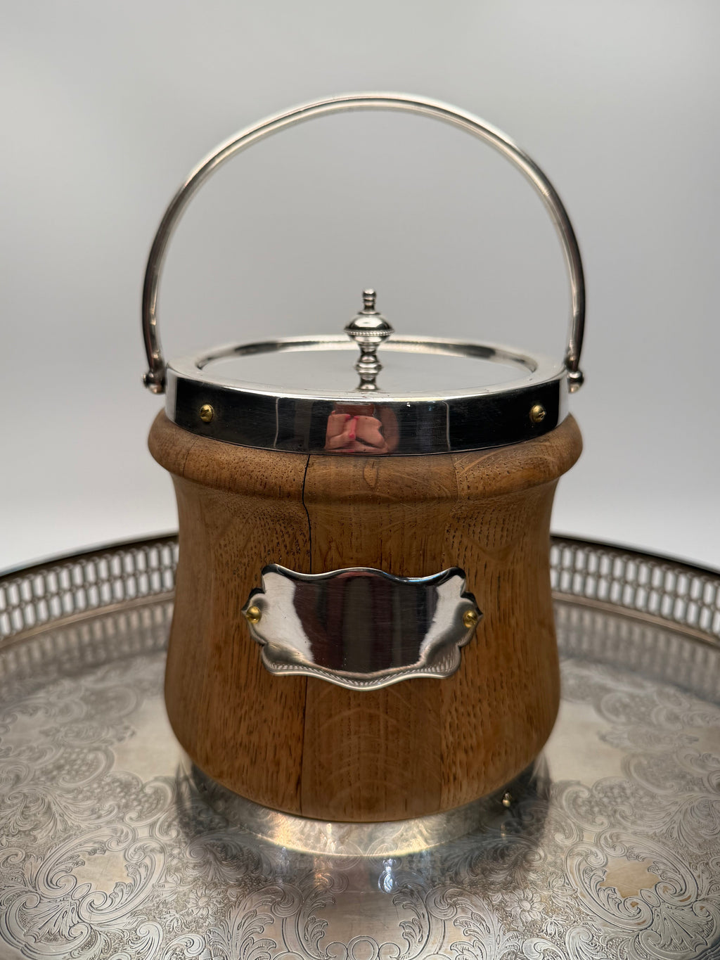 Antique Bleached English Oak and Silver-Plated Biscuit Barrel