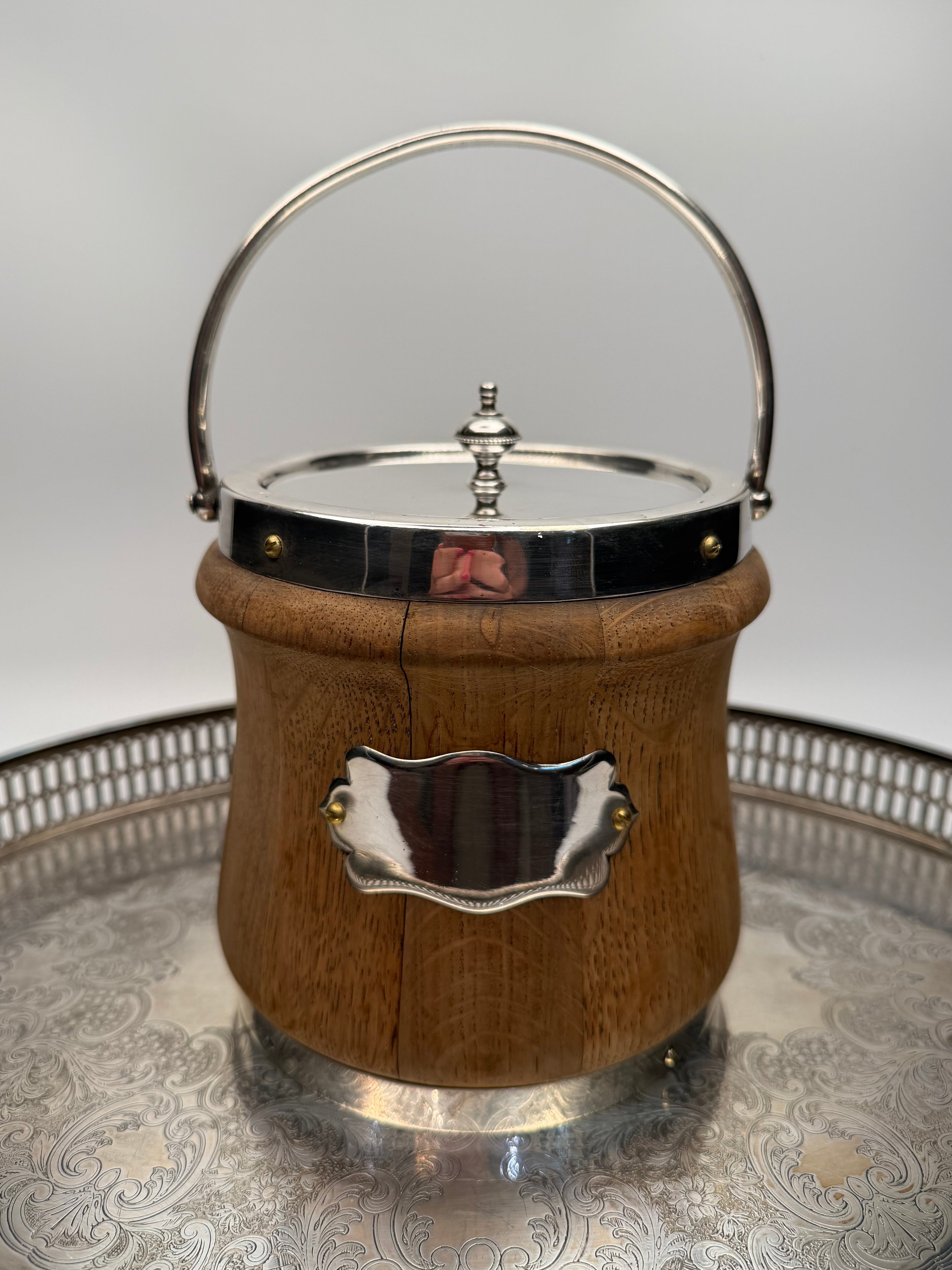Antique Bleached English Oak and Silver-Plated Biscuit Barrel