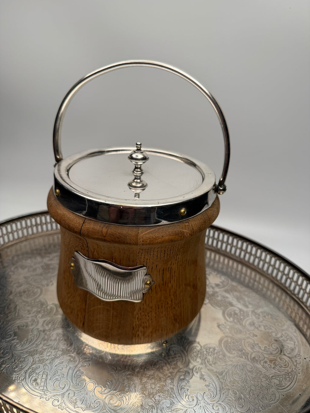 Antique Bleached English Oak and Silver-Plated Biscuit Barrel