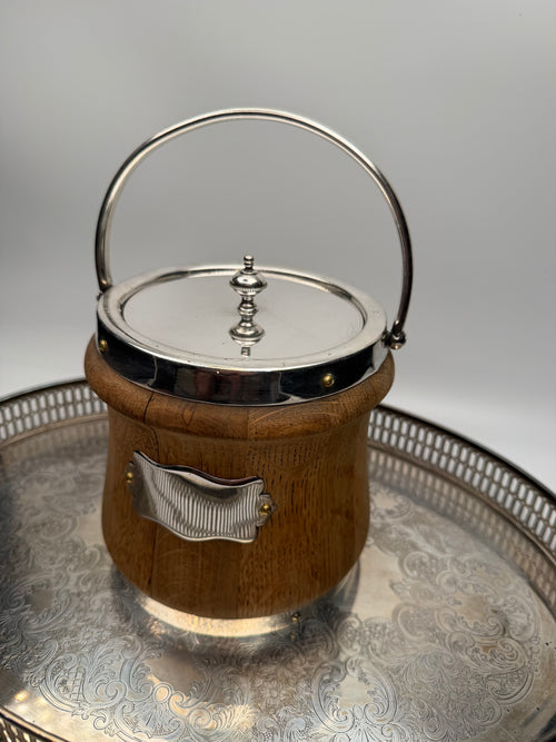 Antique Bleached English Oak and Silver-Plated Biscuit Barrel