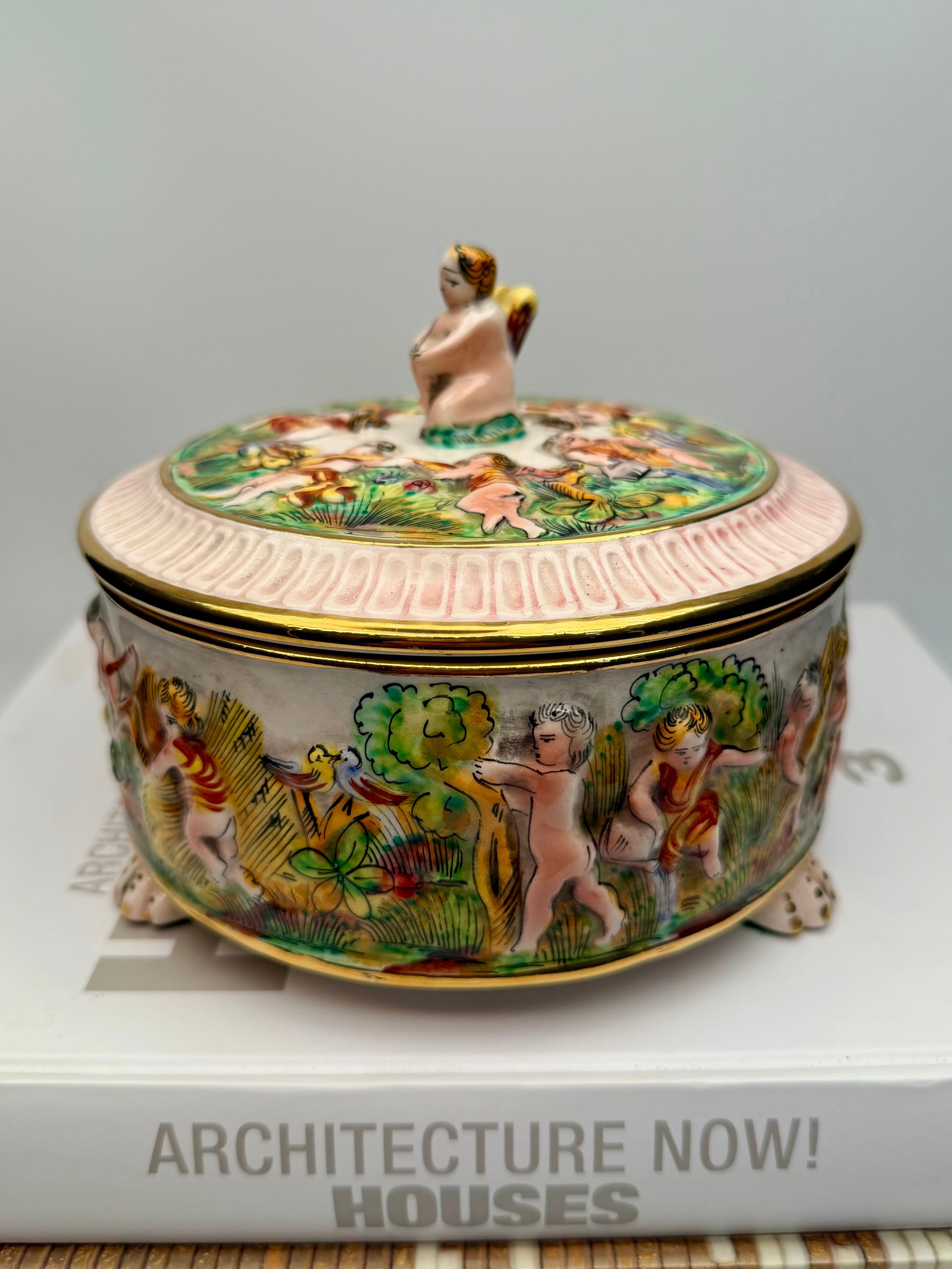 Vintage Capodimonte Footed Trinket Box with Angel Lid