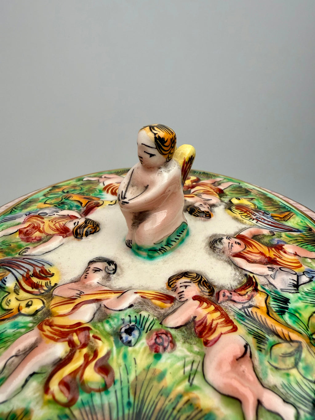 Vintage Capodimonte Footed Trinket Box with Angel Lid