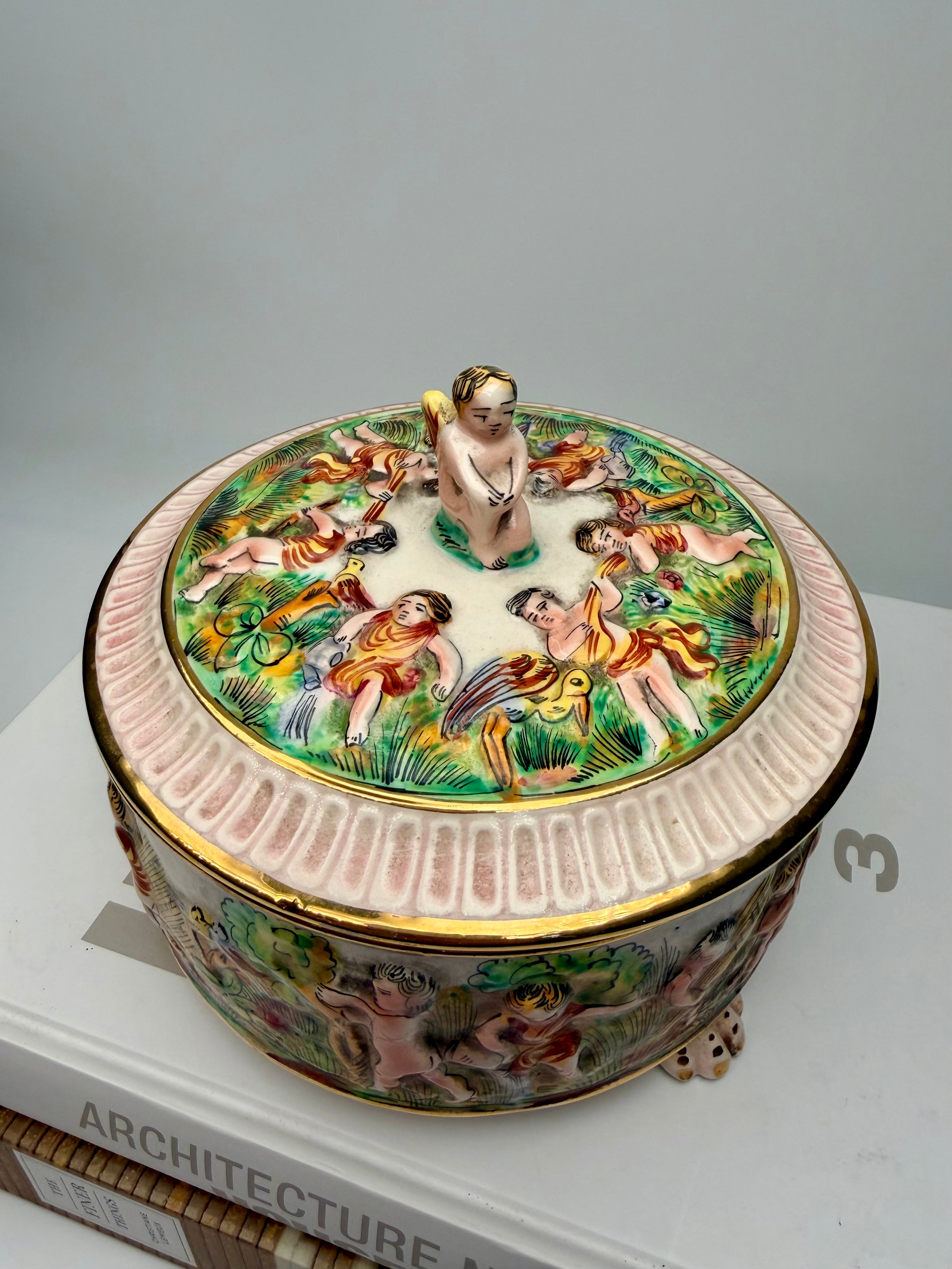 Vintage Capodimonte Footed Trinket Box with Angel Lid