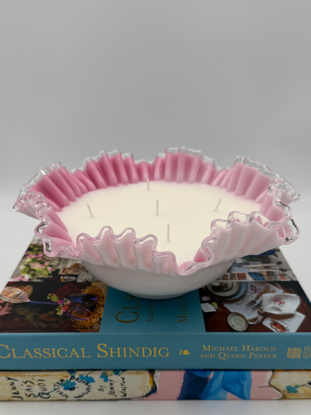Vintage Fenton Pink and White Silver Crest Bowl with a Ruffled Edge