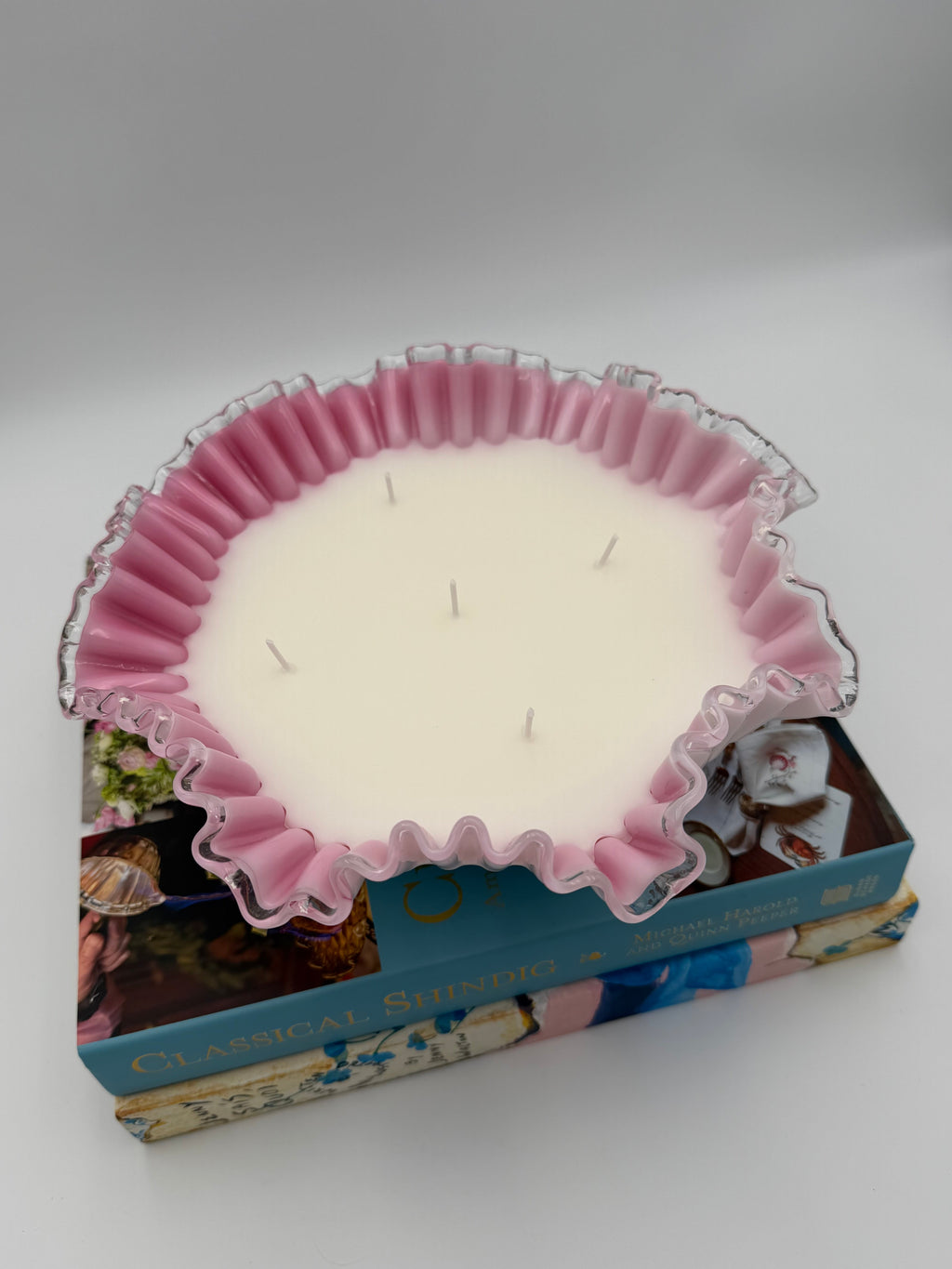 Vintage Fenton Pink and White Silver Crest Bowl with a Ruffled Edge