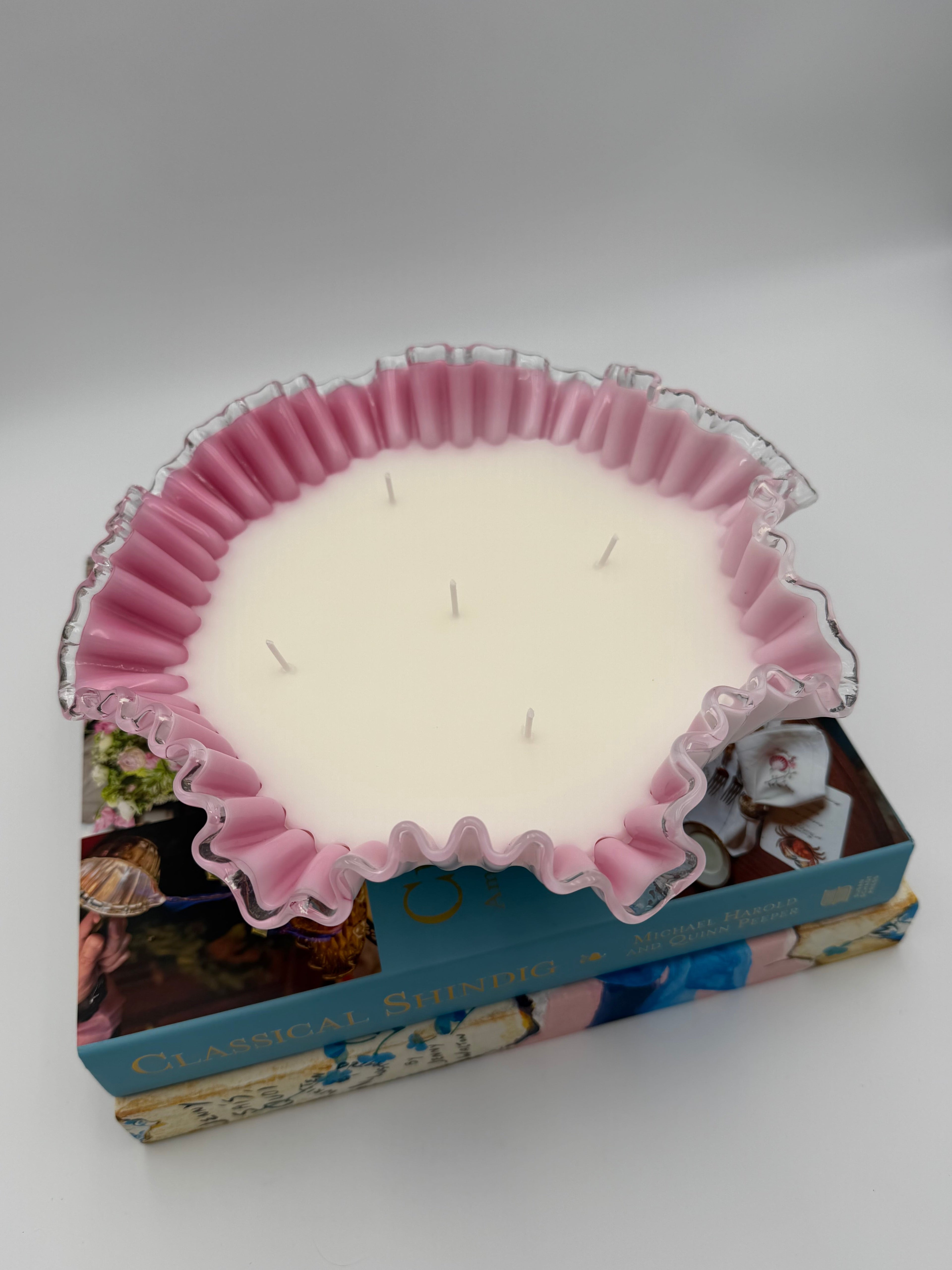 Vintage Fenton Pink and White Silver Crest Bowl with a Ruffled Edge