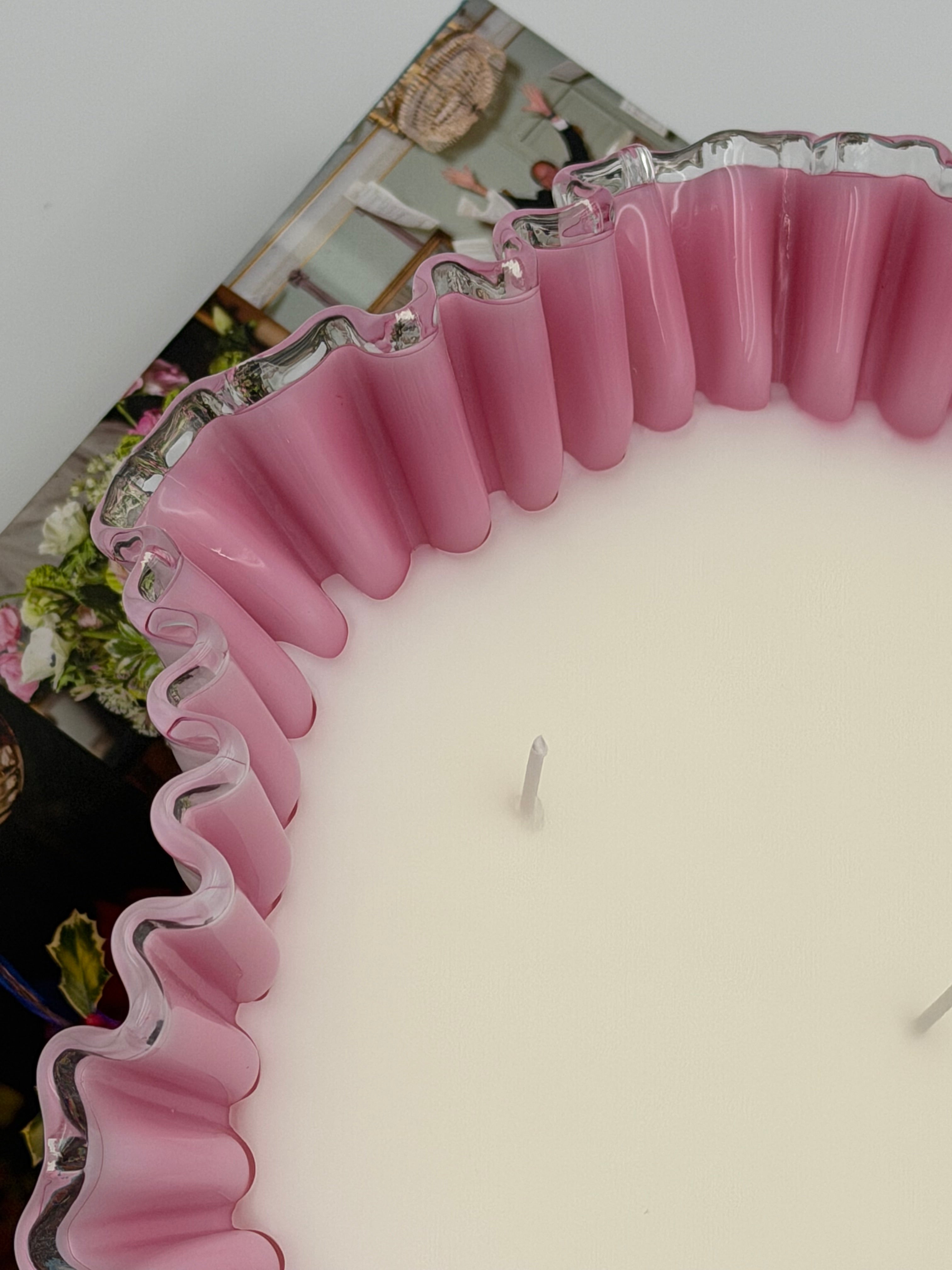 Vintage Fenton Pink and White Silver Crest Bowl with a Ruffled Edge