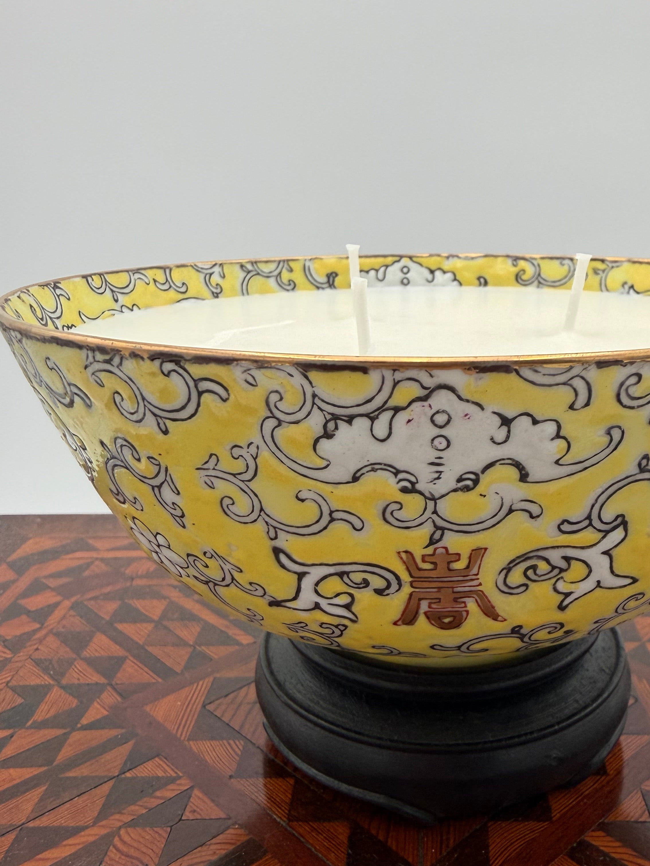 Vintage Chinese Yellow Glazed Famille Rose Porcelain Bowl