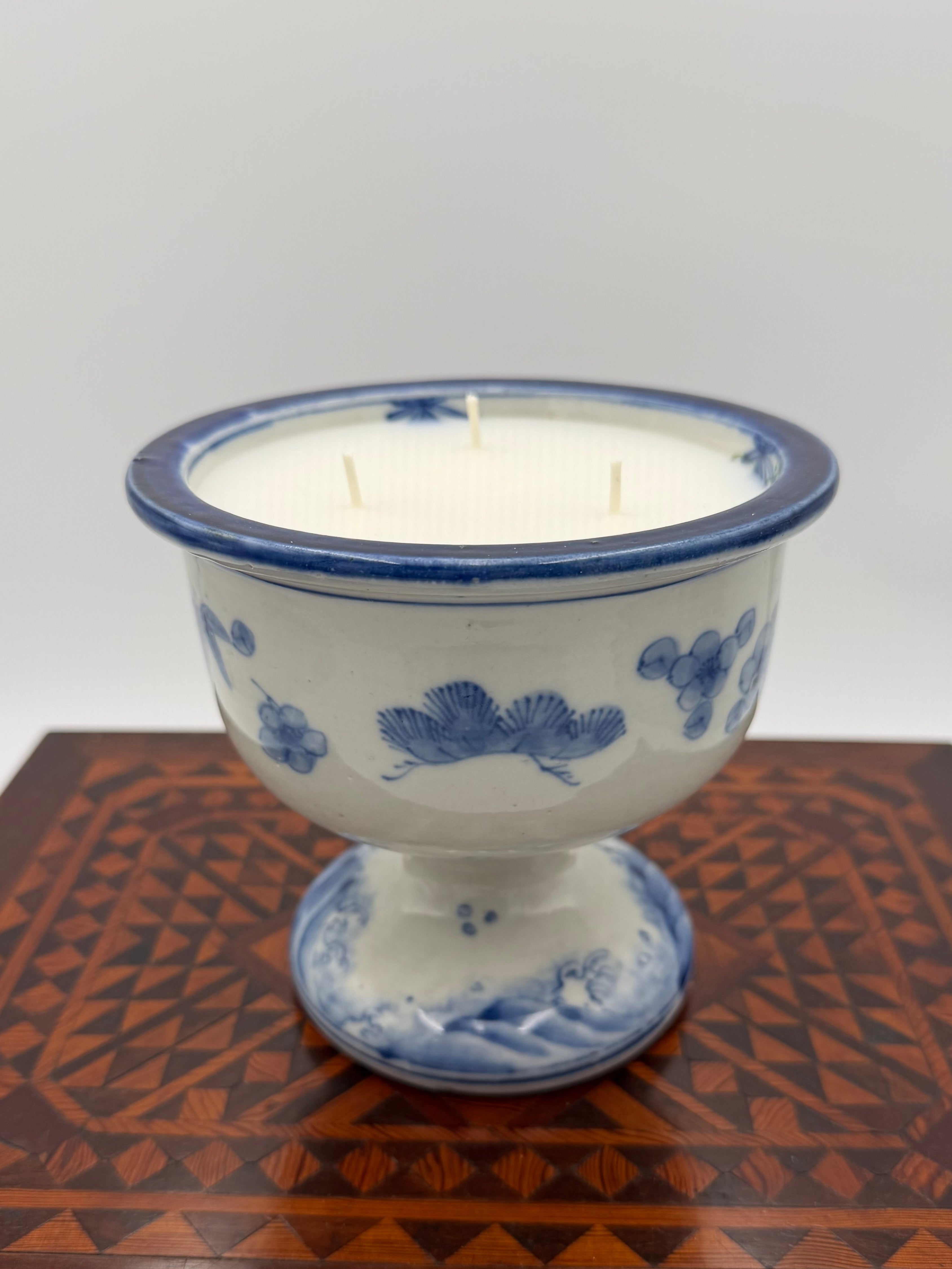 Antique Blue and White Hand-painted Pedestal Bowl from the Late 1800's