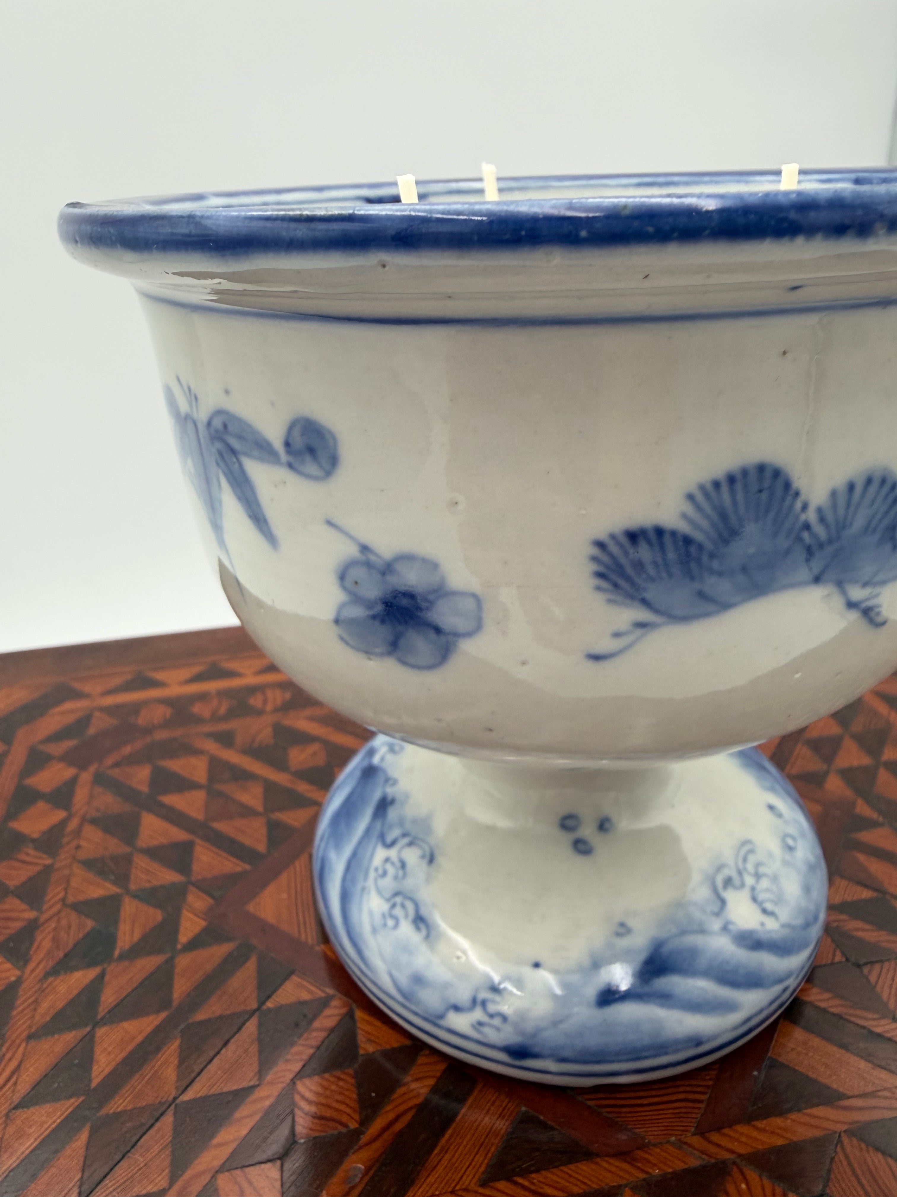 Antique Blue and White Hand-painted Pedestal Bowl from the Late 1800's