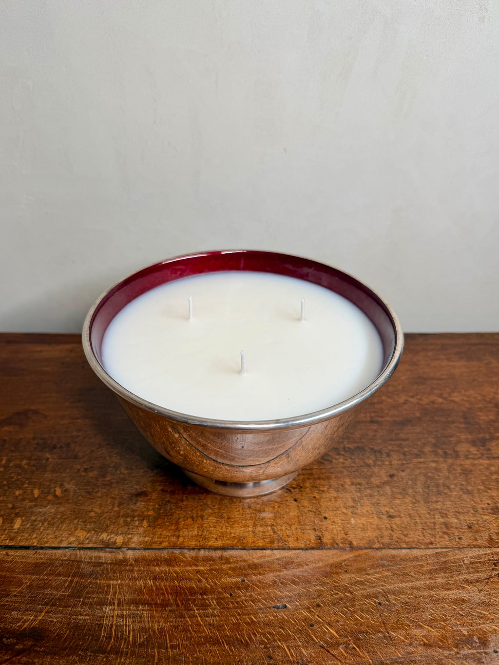Vintage Silver-Plated Bowl with Ruby Red Enamel Interior