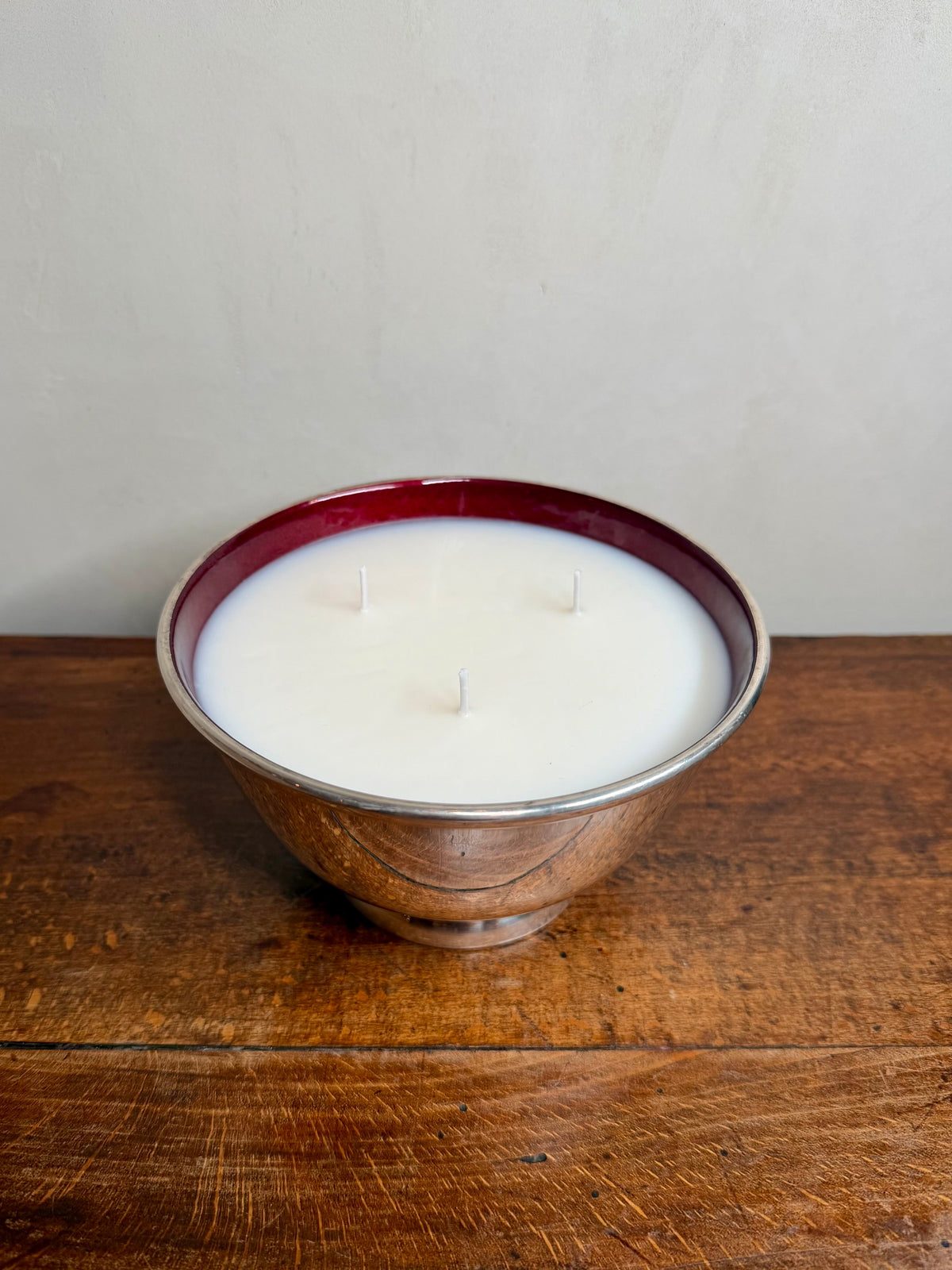 Vintage Silver-Plated Bowl with Ruby Red Enamel Interior